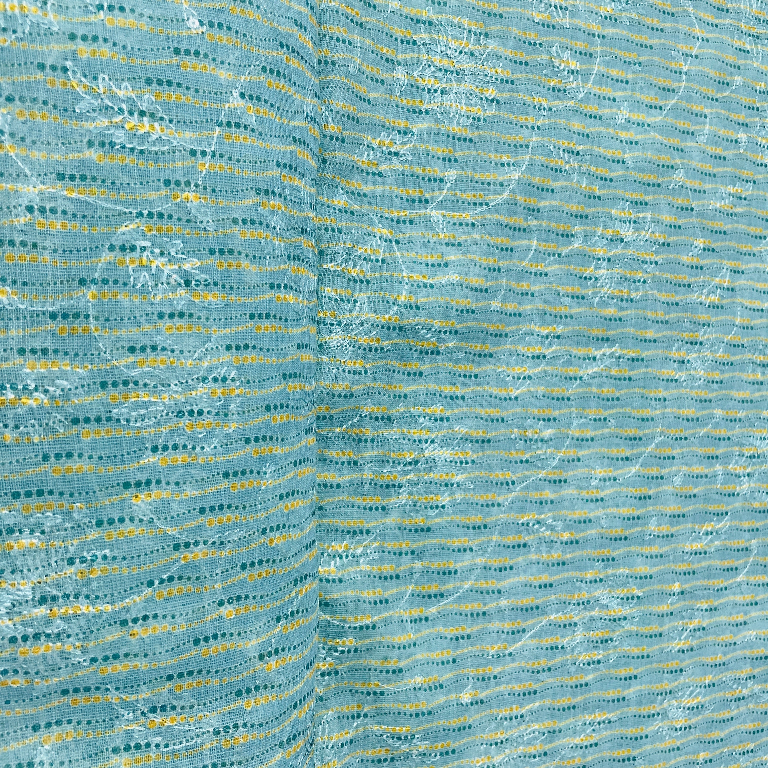 Blue Multicolor Handblock Print Sequins Embroidery Linen Fabric 25 - Image 3