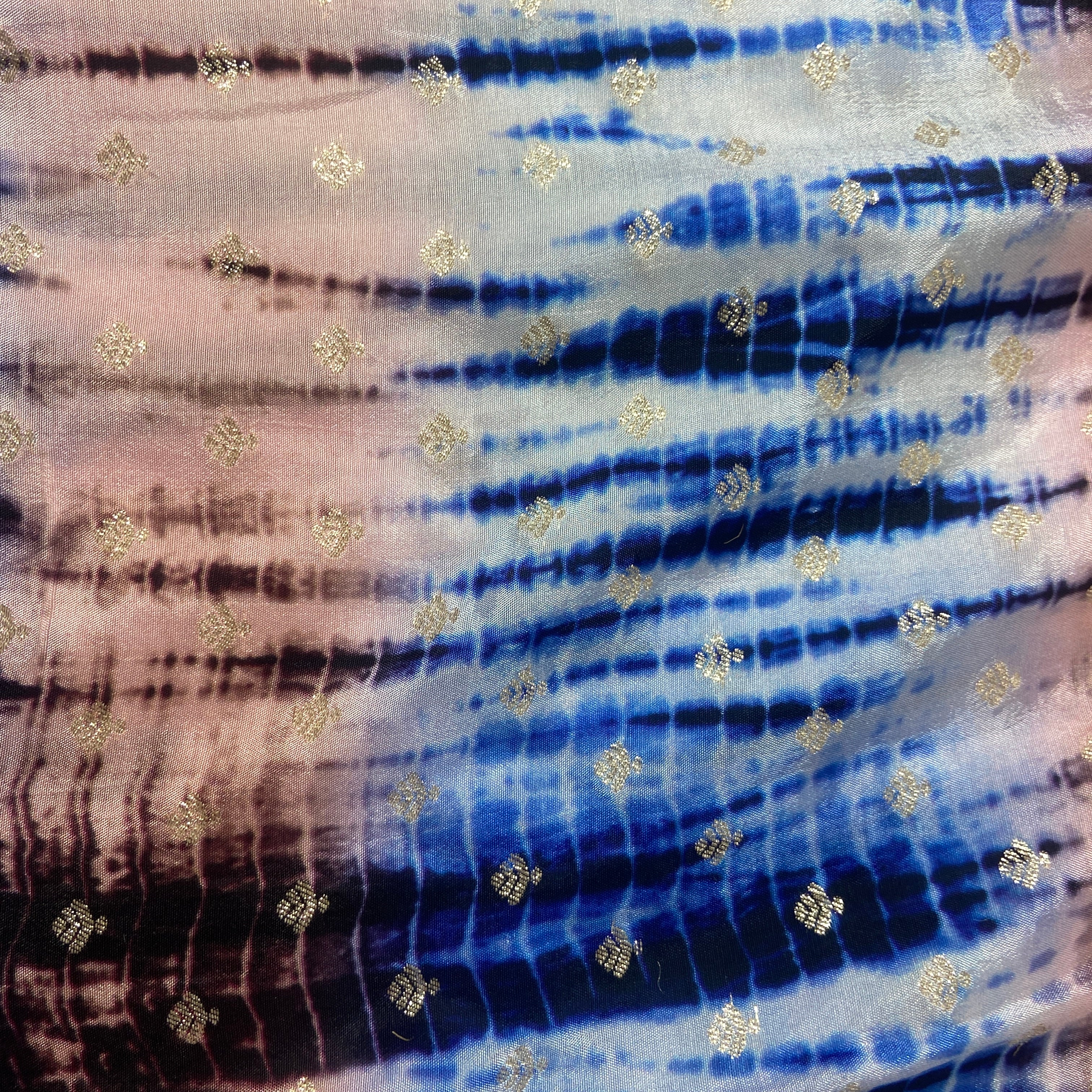 Blue & Peach Pink Shibhori Print Russian Jacquard Fabric - Image 3