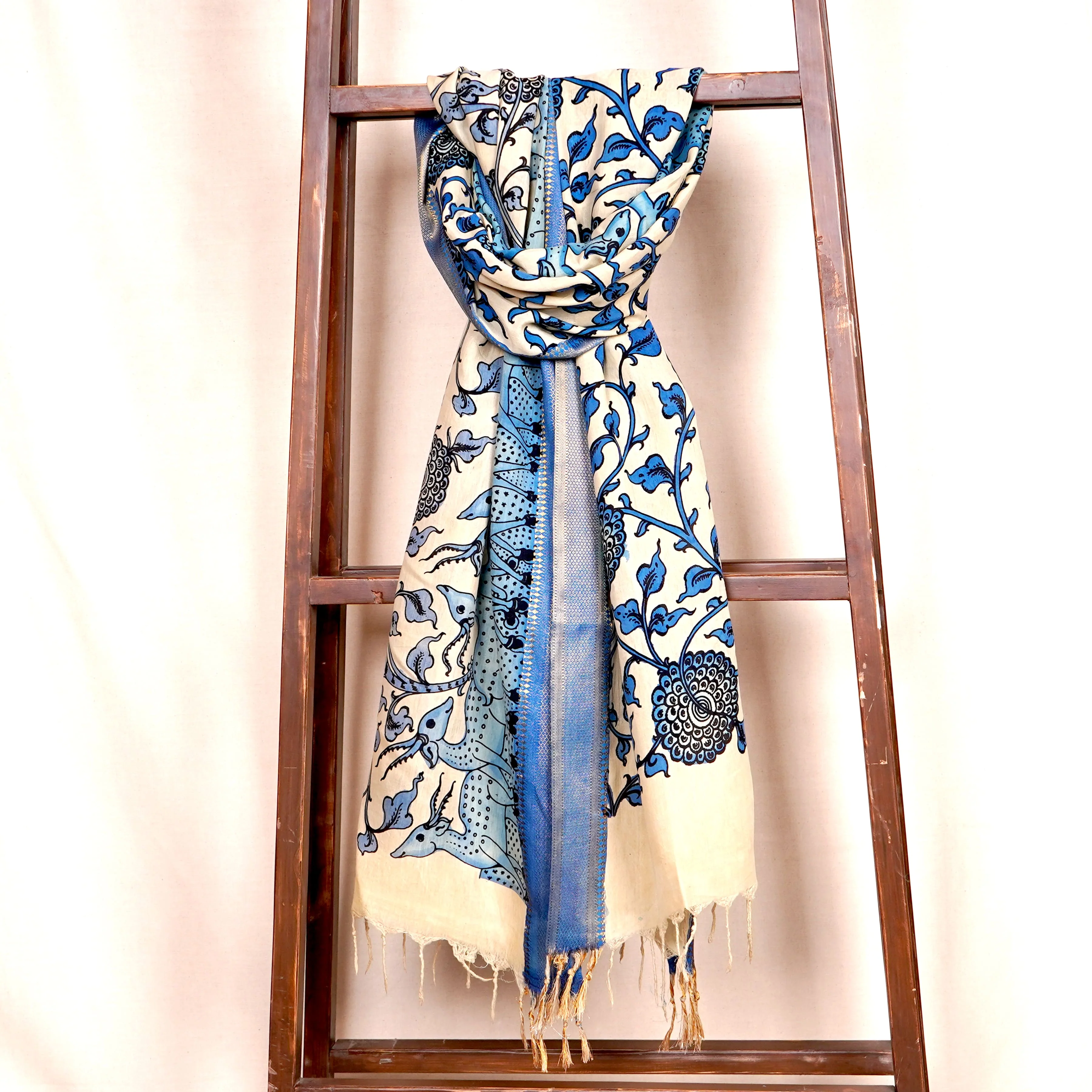 Blue Pen Kalamkari Cotton Silk Dupatta AH-22563