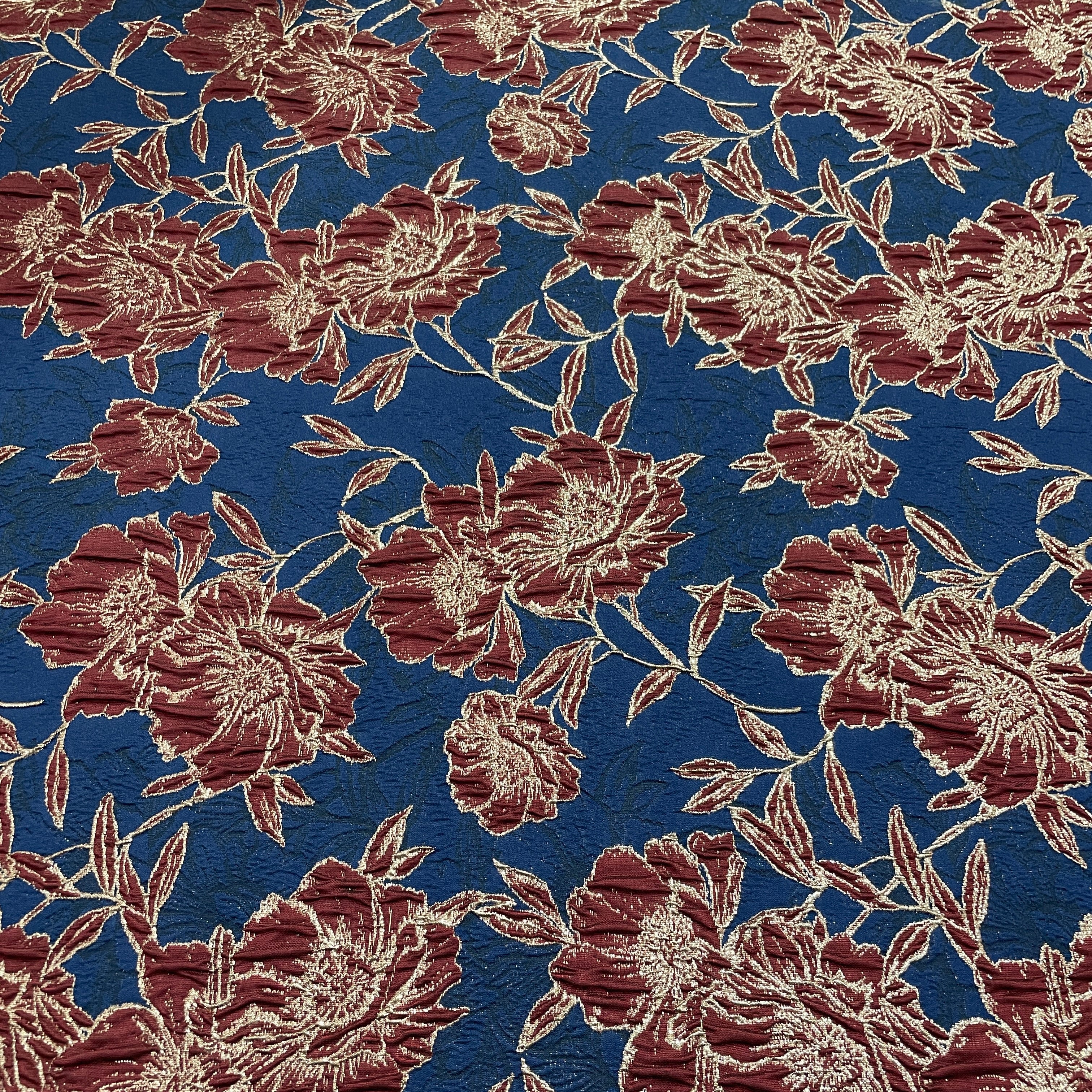 Blue & Red Floral Brocade Jacquard Fabric - Image 2