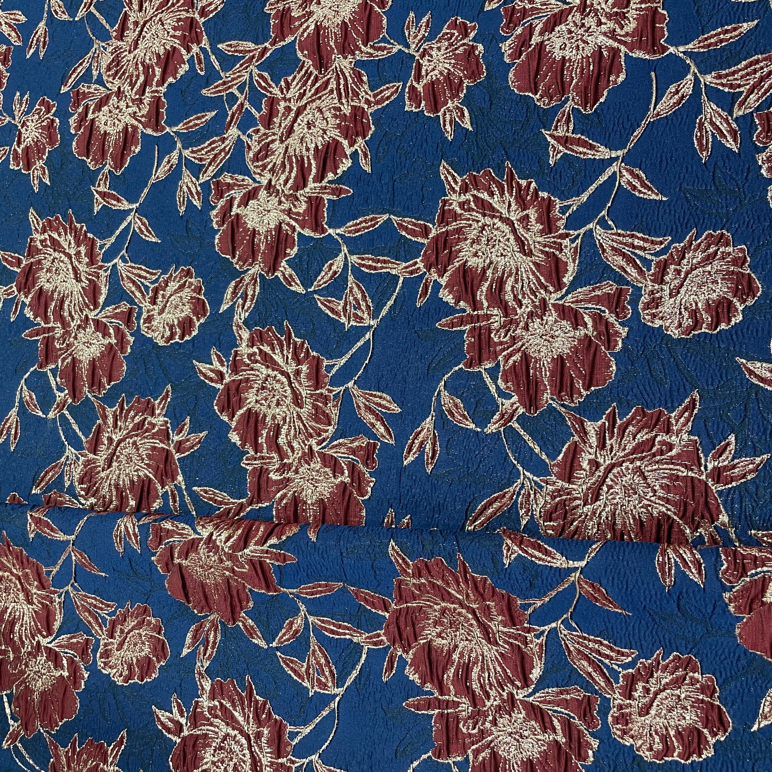 Blue & Red Floral Brocade Jacquard Fabric - Image 3