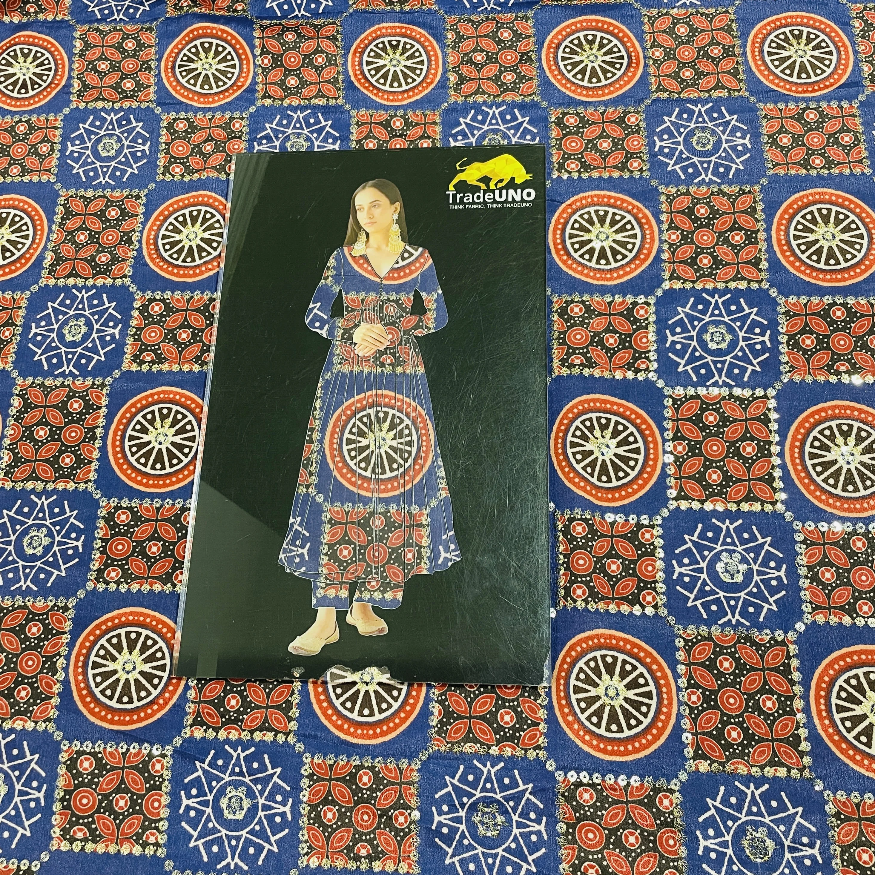 Blue Red Zari Embroidery Chinnon Fabric 16 - Image 3