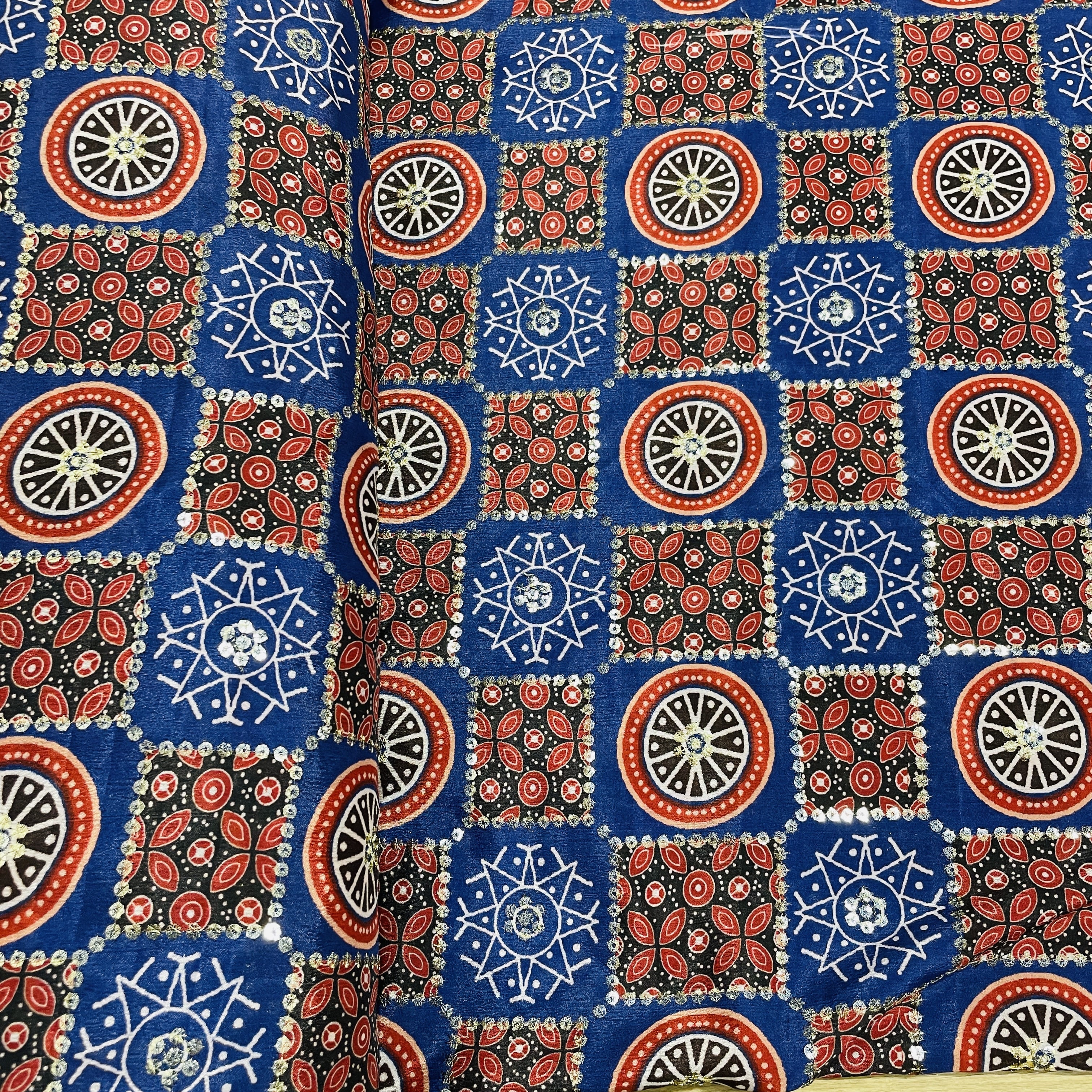 Blue Red Zari Embroidery Chinnon Fabric 16 - Image 4