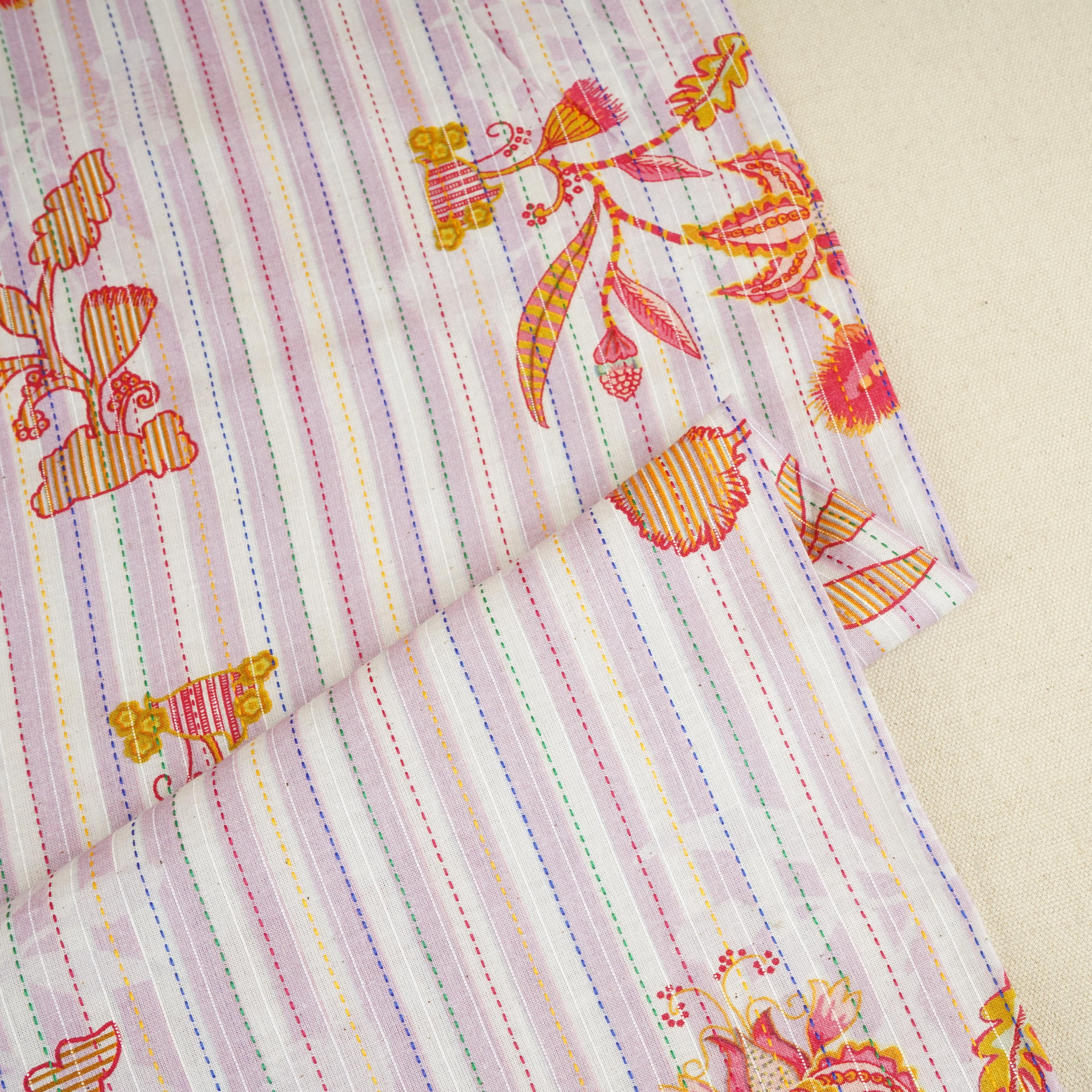 Blue Stripes Floral Kantha Cotton Fabric MT-29381 - Image 3