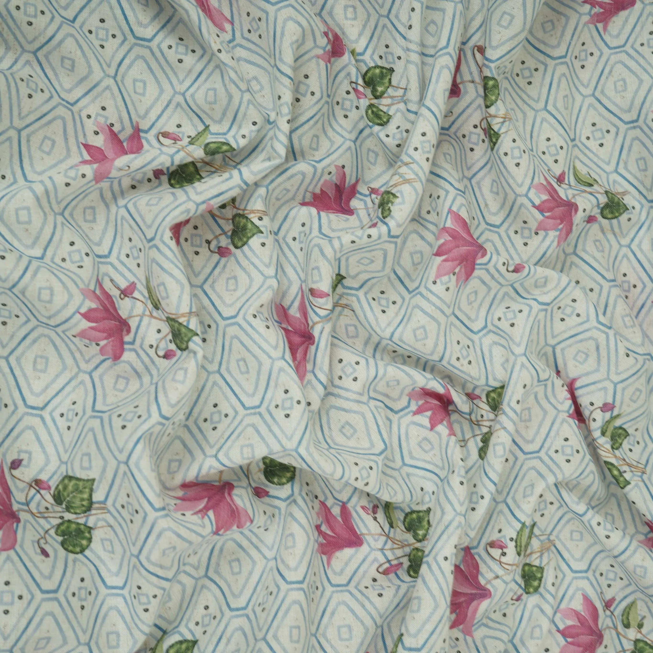 Blue & White Floral Geometrical Print Cotton Fabric DE-32459 - Image 3