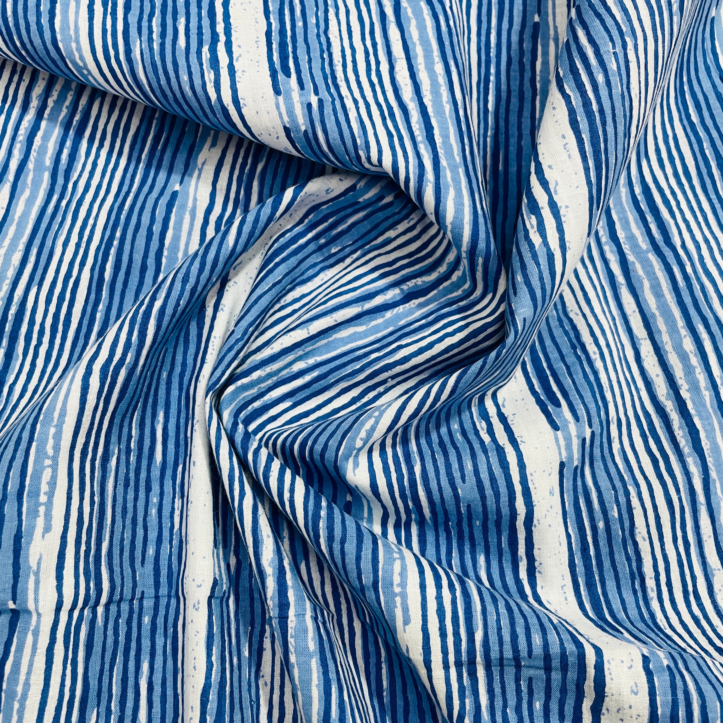 Blue White Stripes Print Cotton Fabric 13
