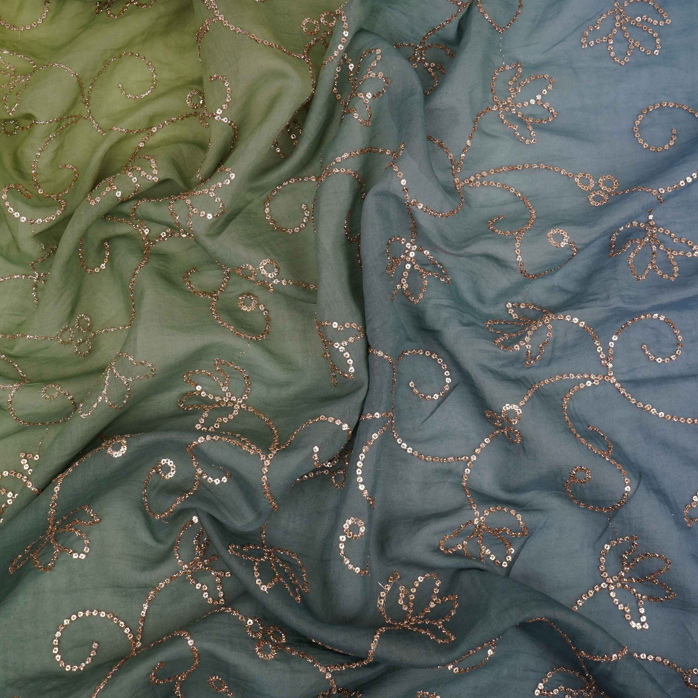 Blue with Green 4D Sequins embroidery Malai Chanderi Fabric VF-32236 - Image 3