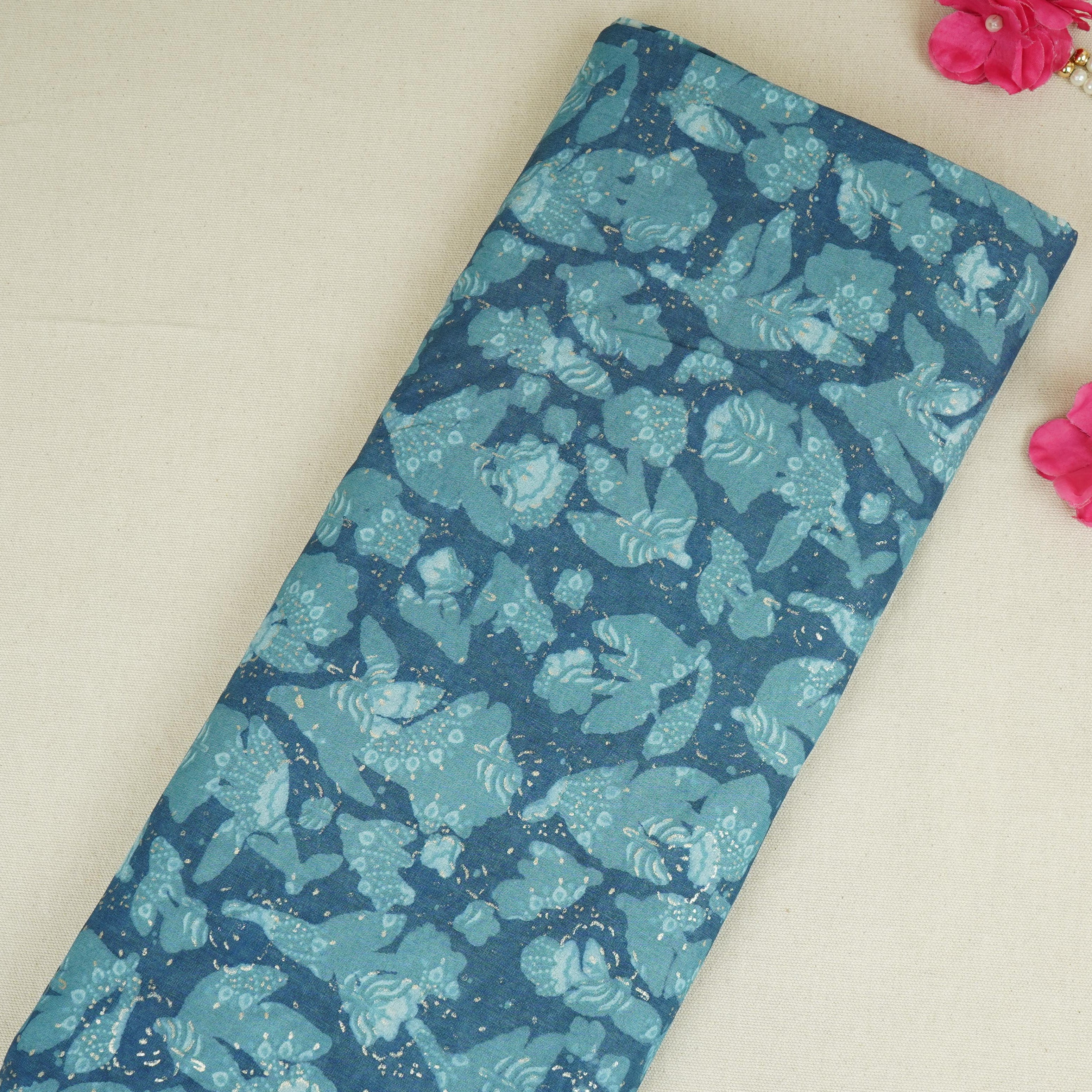 Blue with Multicolor Dabu Foil Print Cotton Fabric NC-29646