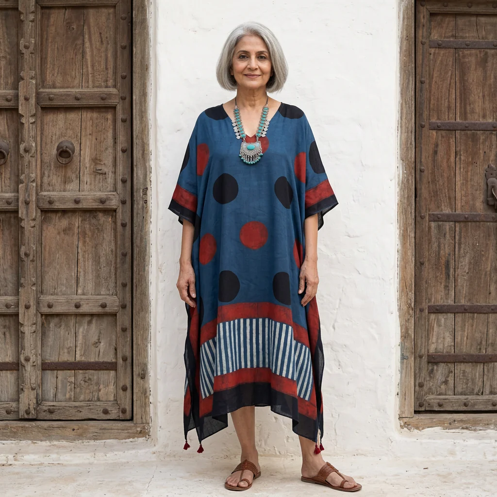 Blue with Red Polka Dot print Modal Silk Kaftan EEG-31632 - Image 7