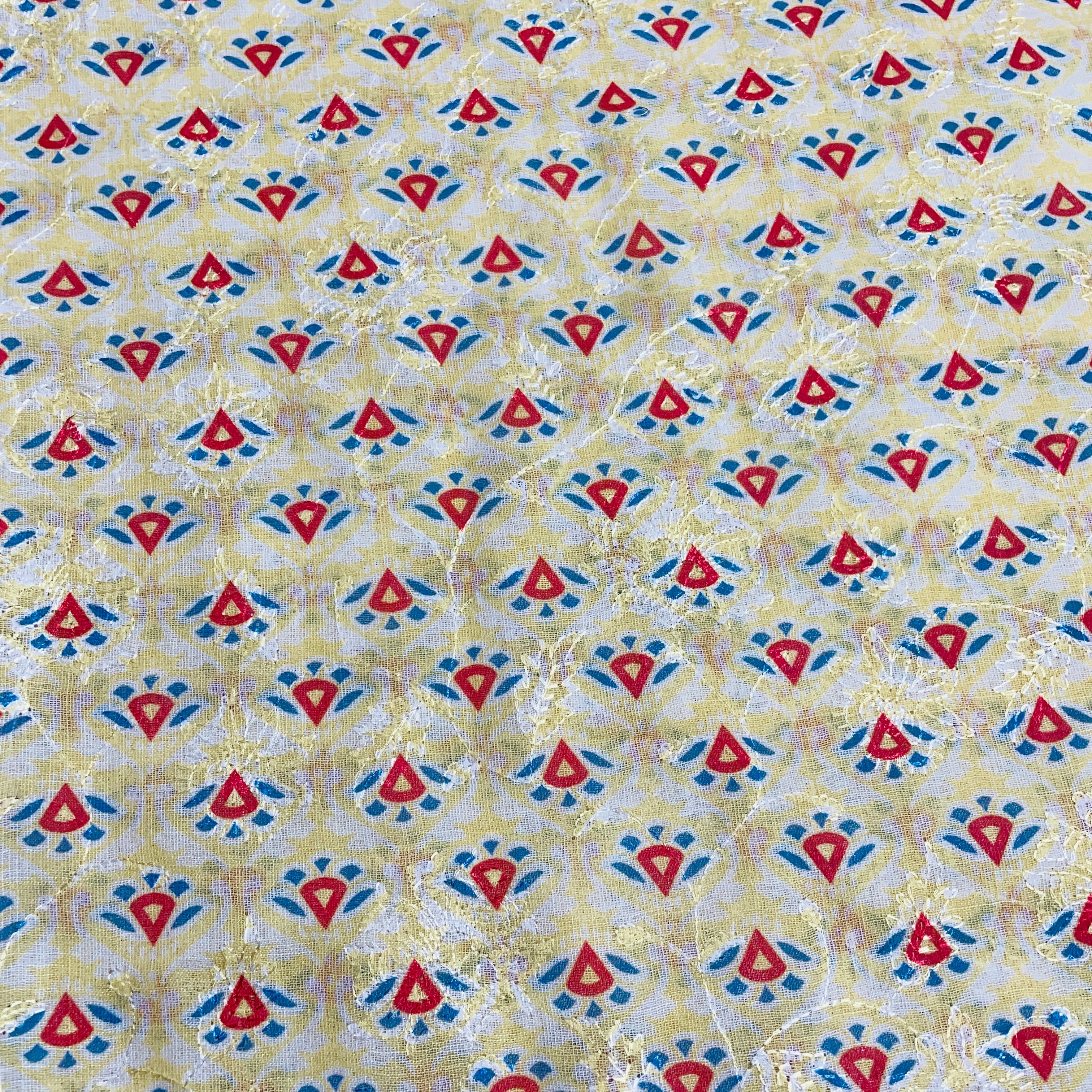 Blue Yellow Floral Print Sequins Embroidery Linen Fabric 23 - Image 2