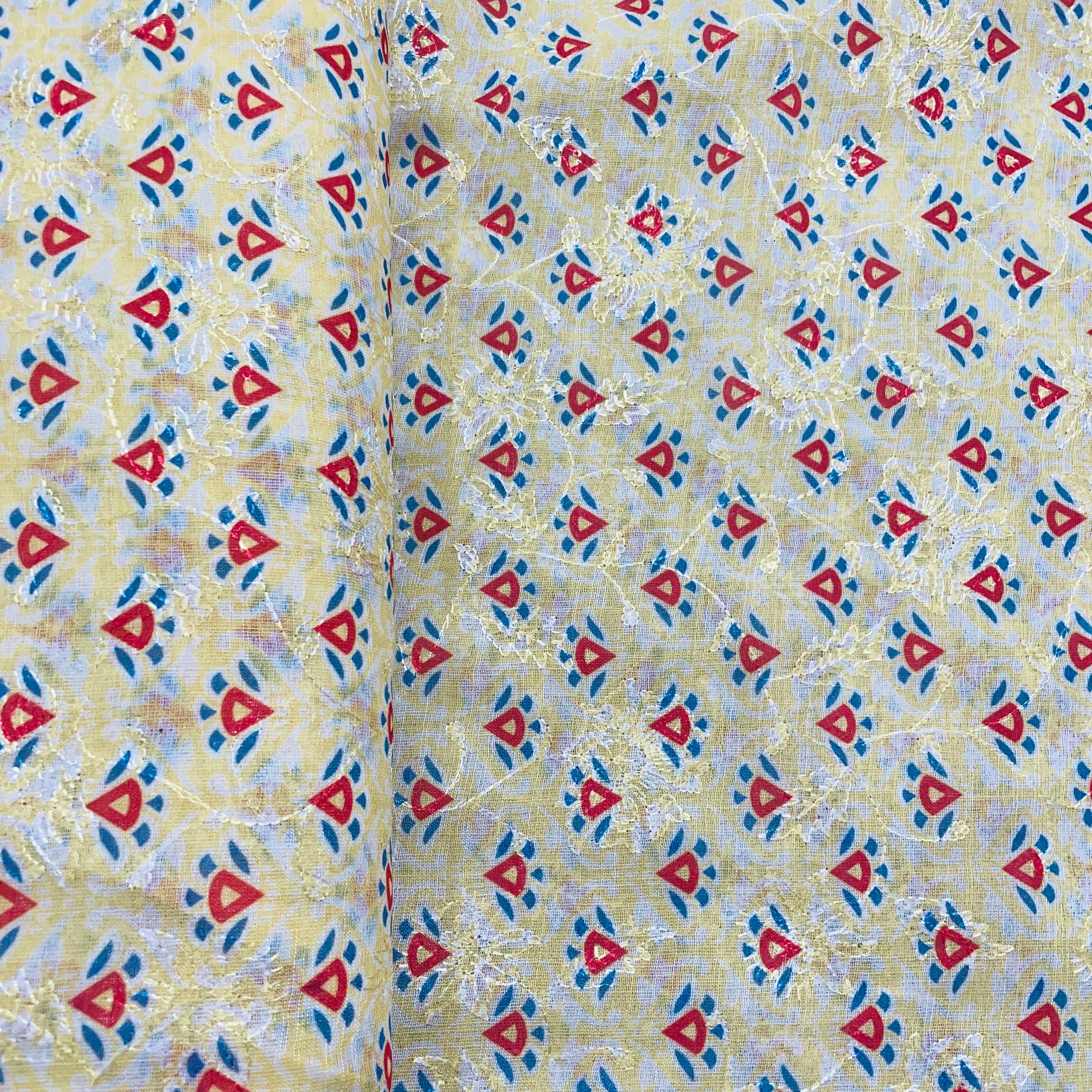 Blue Yellow Floral Print Sequins Embroidery Linen Fabric 23 - Image 3