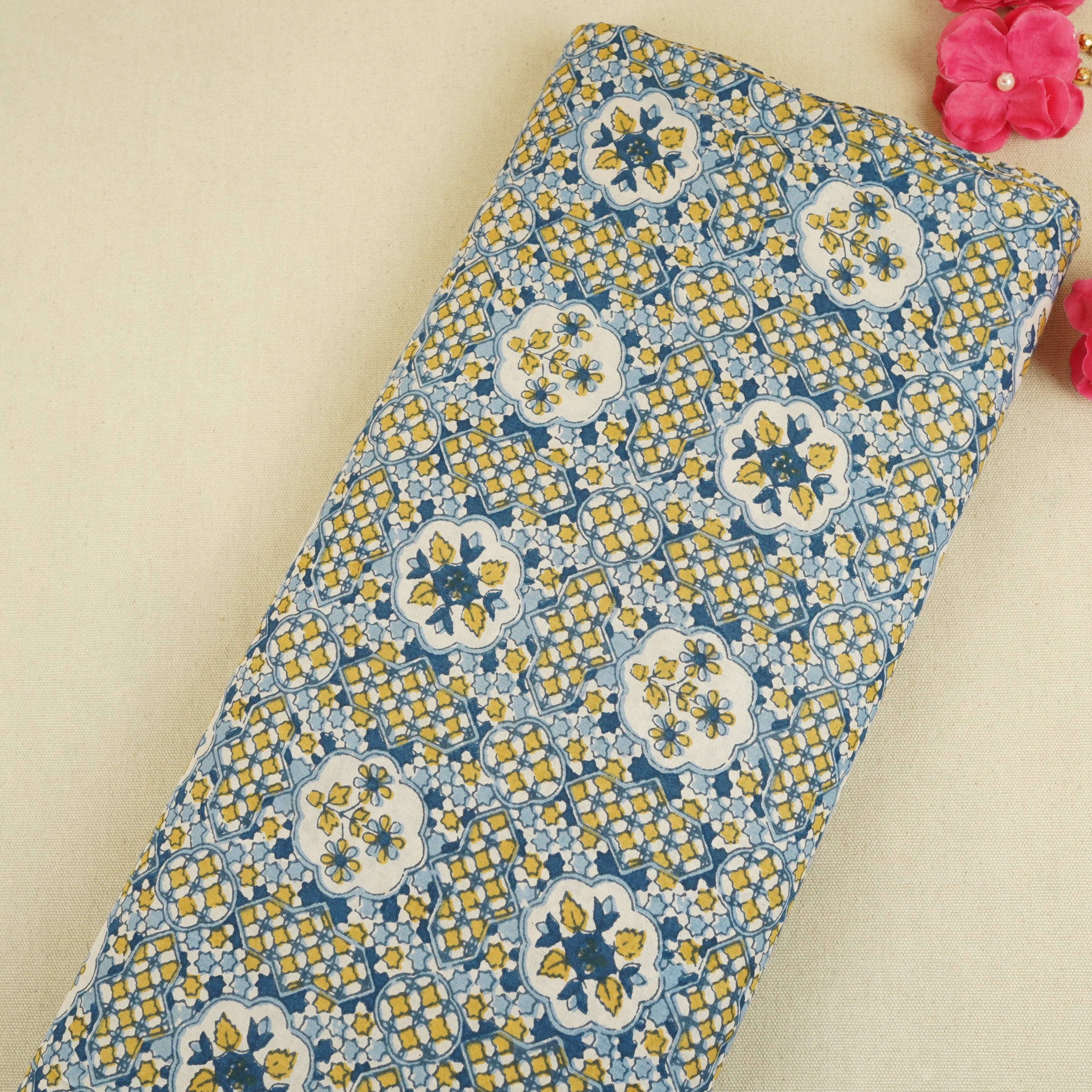 Blue & Yellow Mosaic Floral Print Cotton Fabric PB-29741