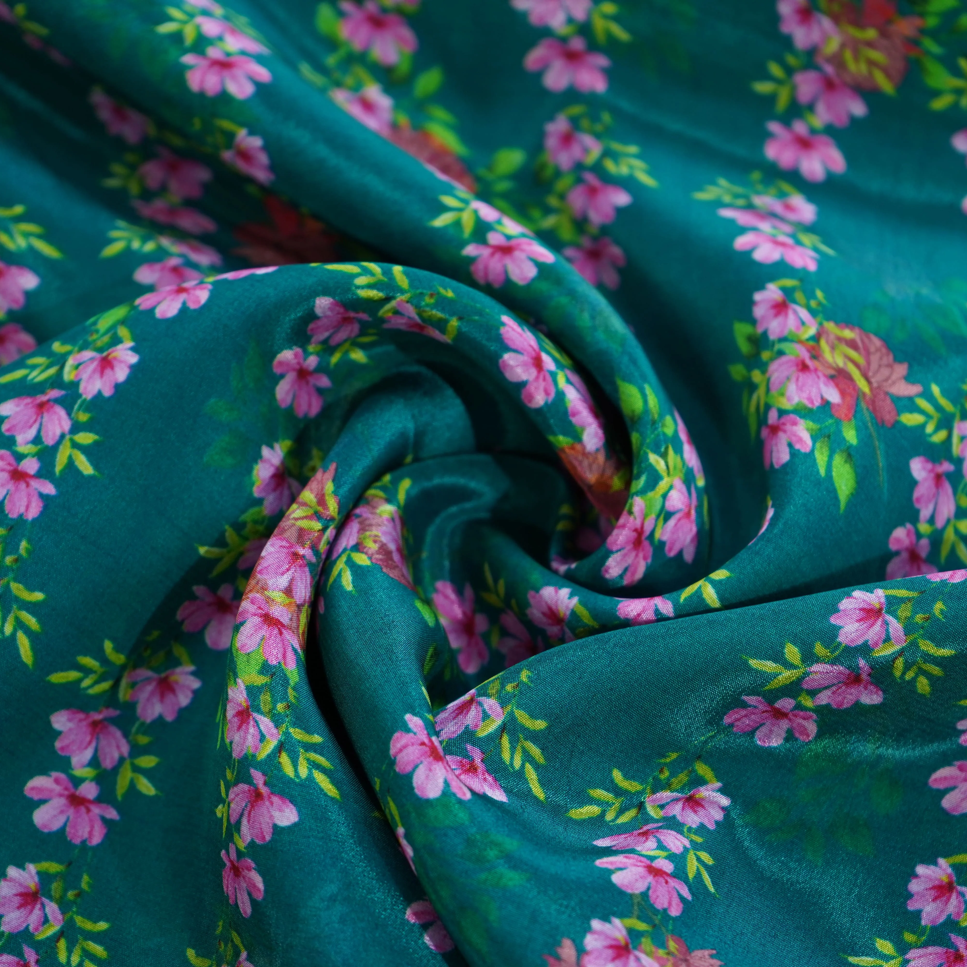Bottle Green Floral Print Natural Crepe Fabric 21244