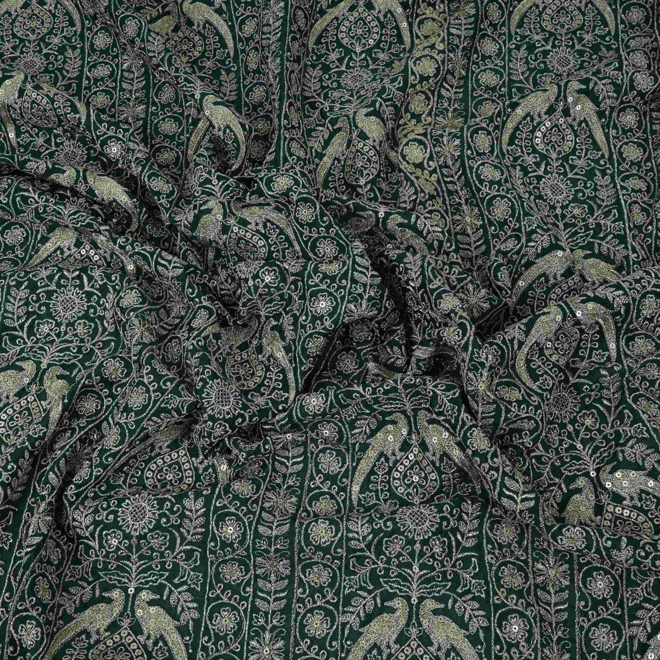 Bottle Green Heavy Zari Sequins Embroidery Chinon Fabric DR-32400 - Image 3