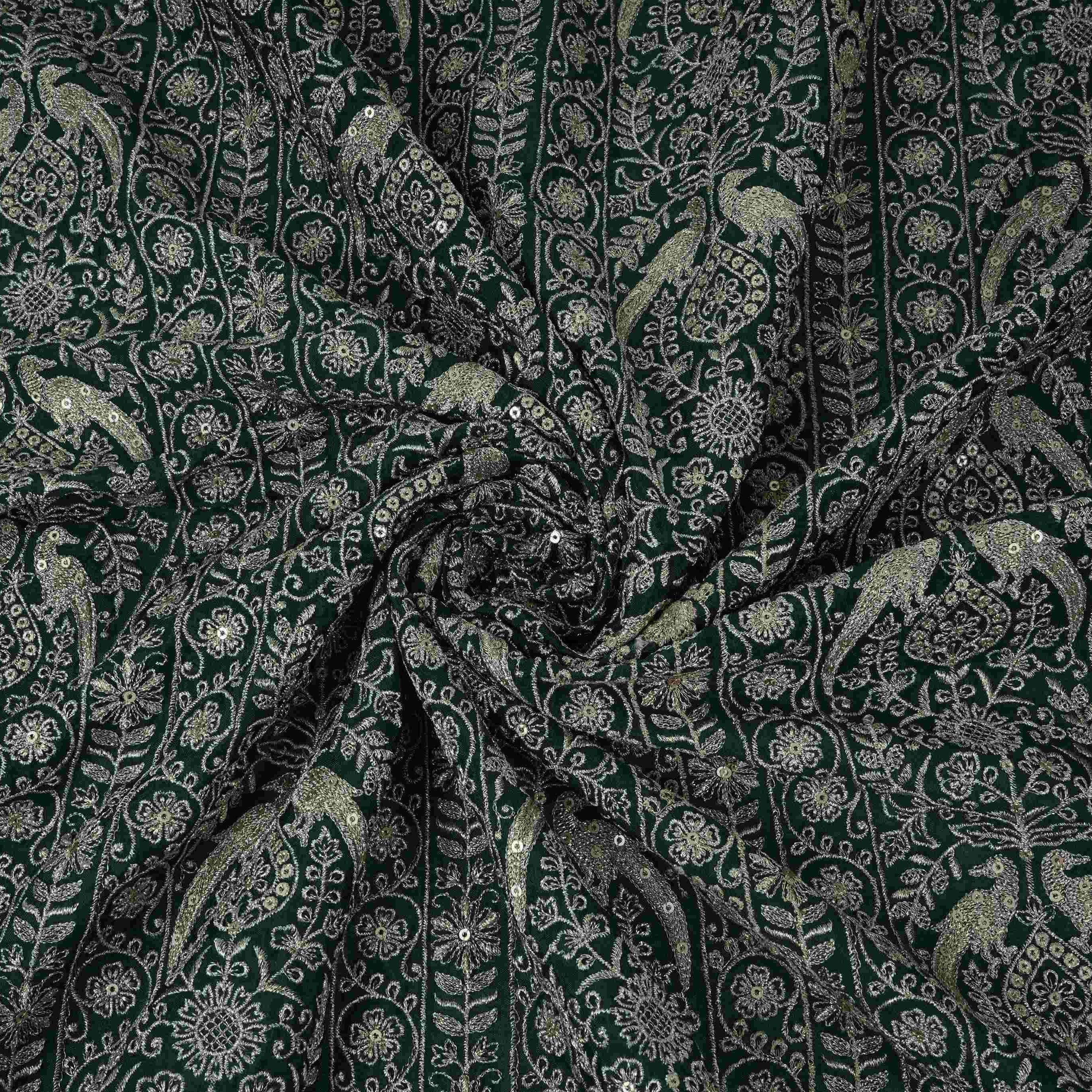 Bottle Green Heavy Zari Sequins Embroidery Chinon Fabric DR-32400 - Image 4