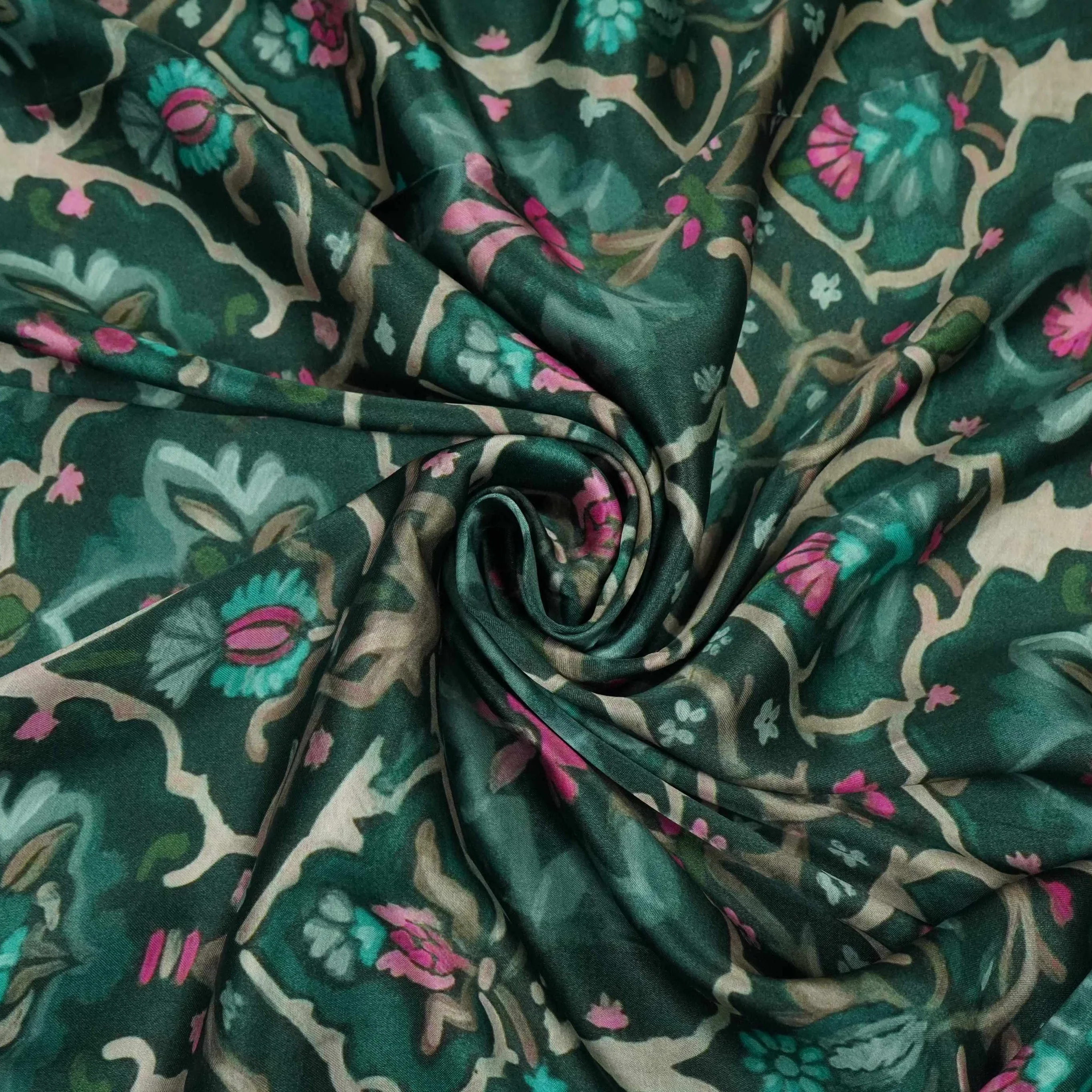 Bottle Green Mughal floral print Bemberg Modal Silk Fabric KTP-31403 - Image 4