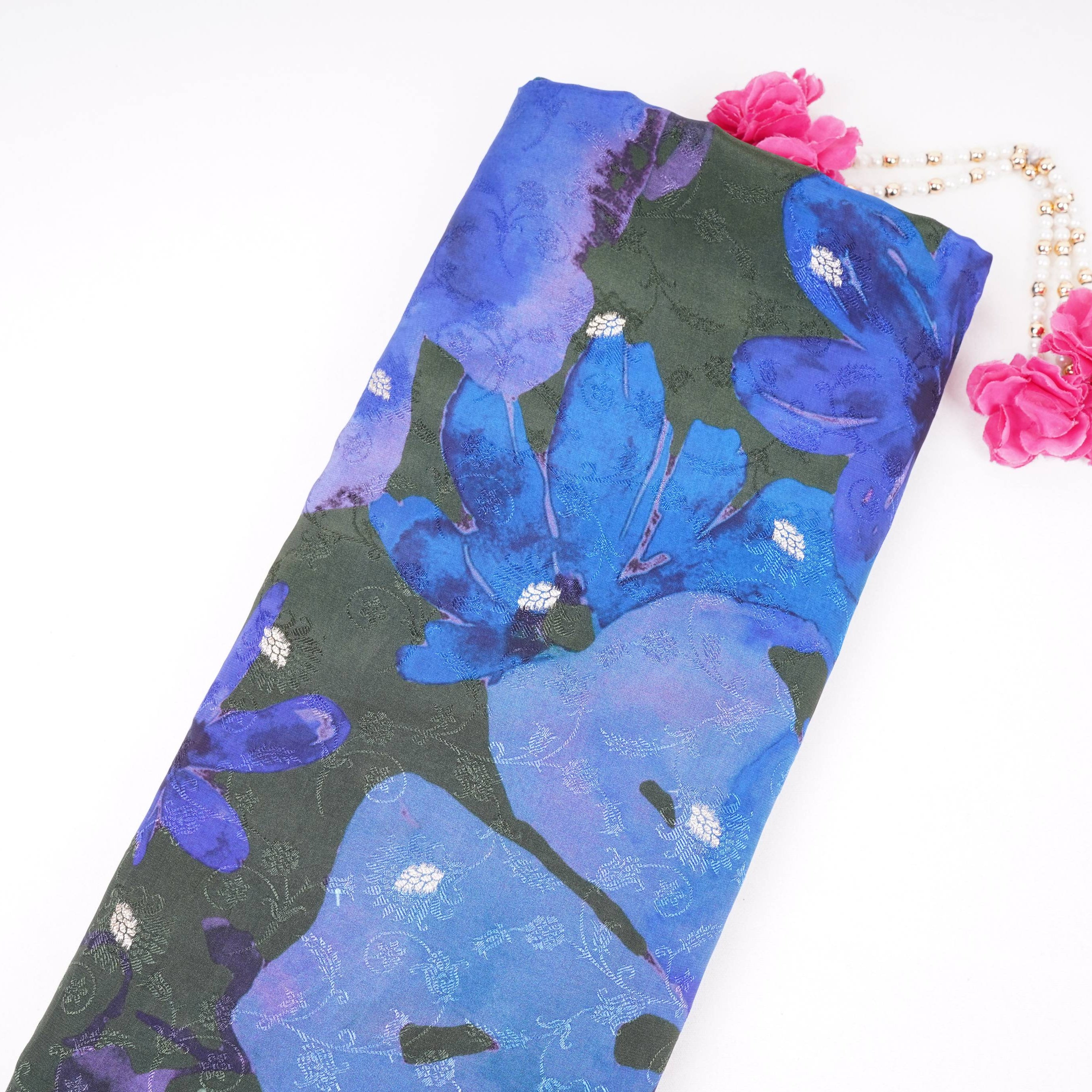 Bottle Green with Royal Blue Abstract zari jacquard Pure Bemberg Crepe Fabric MTF-31812