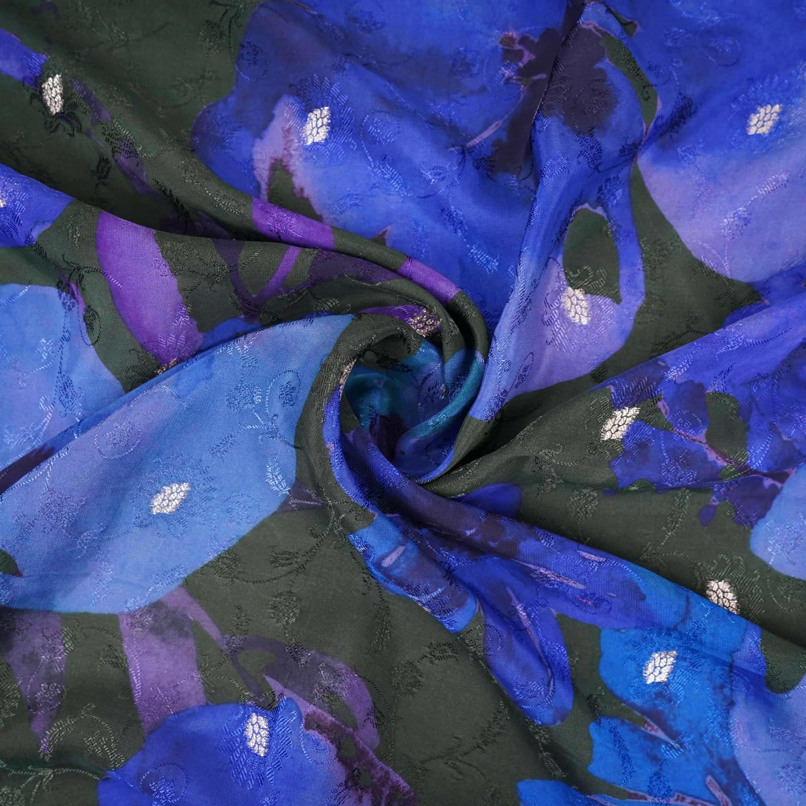 Bottle Green with Royal Blue Abstract zari jacquard Pure Bemberg Crepe Fabric MTF-31812 - Image 4