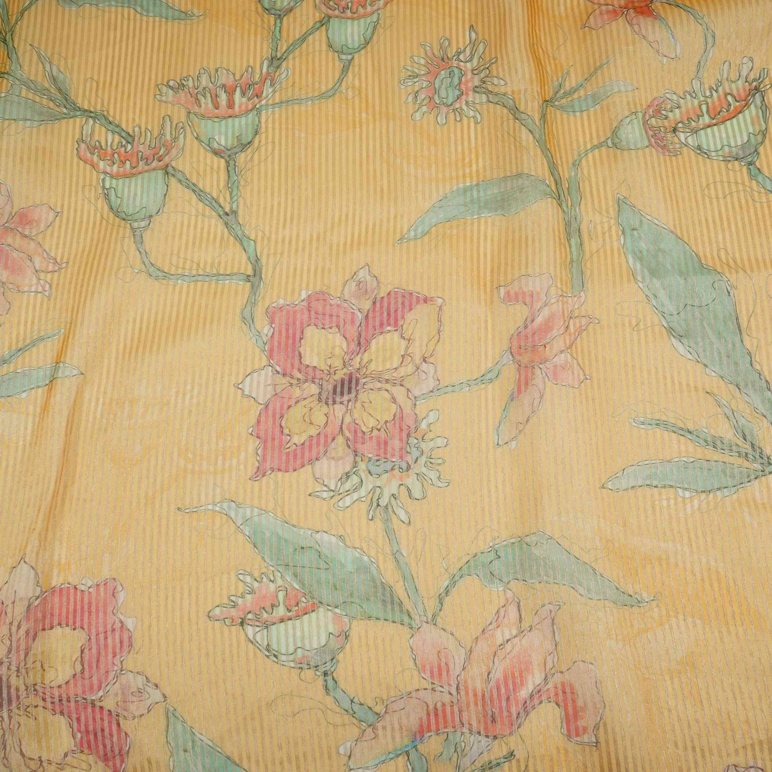 Bright Yellow floral with stripes print Organza Fabric VP-32015 - Image 2