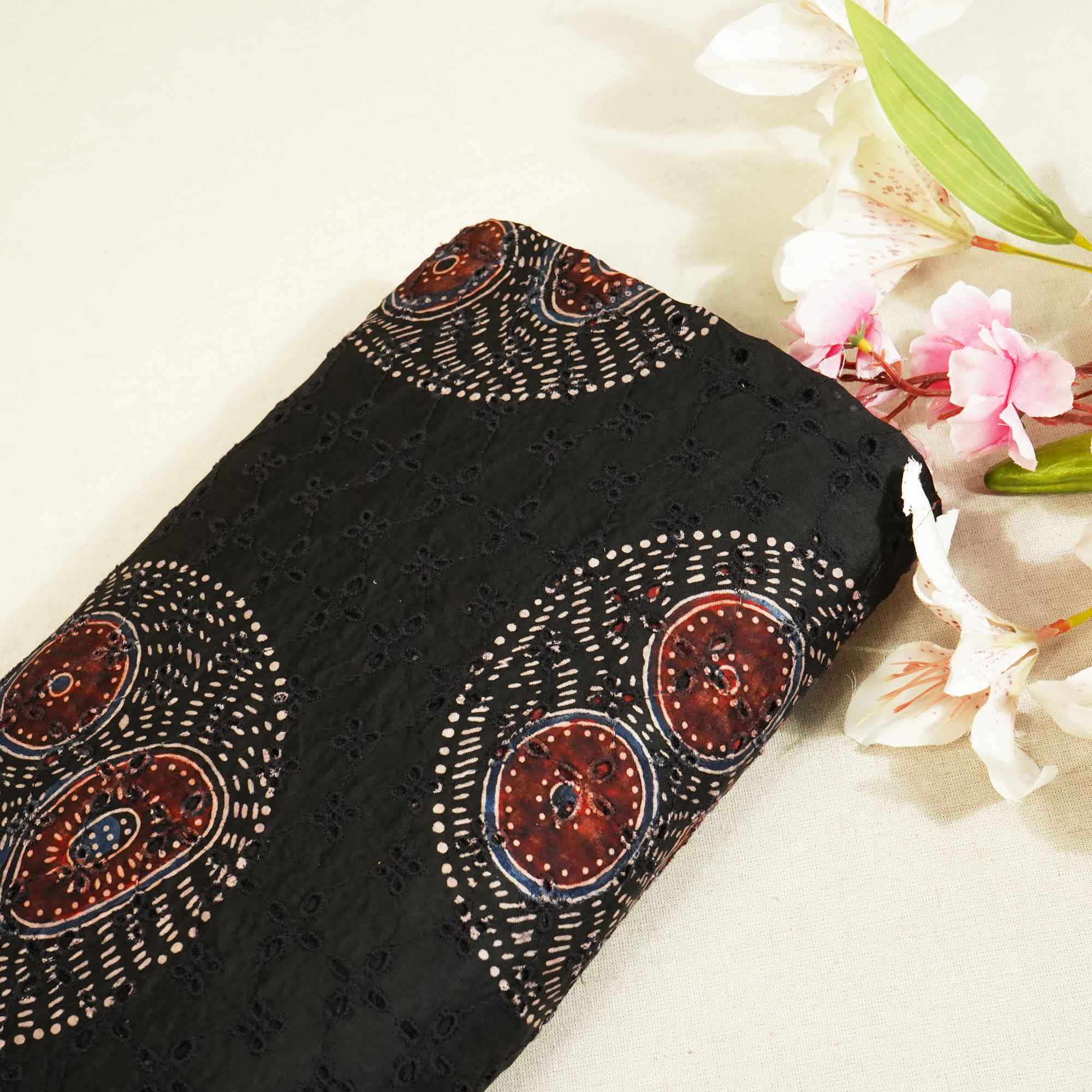 Brown Ajrakh Shiffli Modal Satin Fabric CA-26936