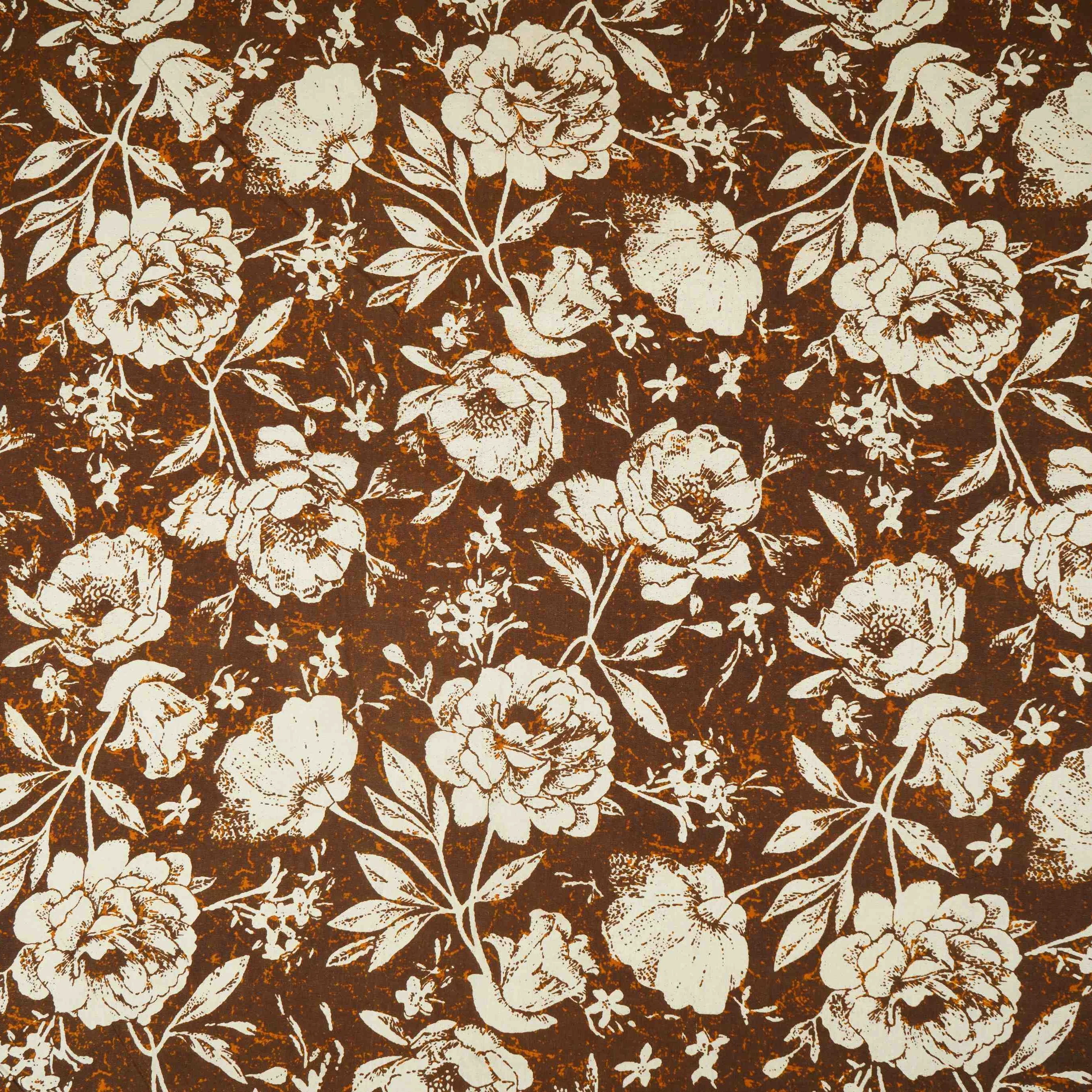 Brown & White Floral Print Cotton Fabric OG-30312 - Image 5