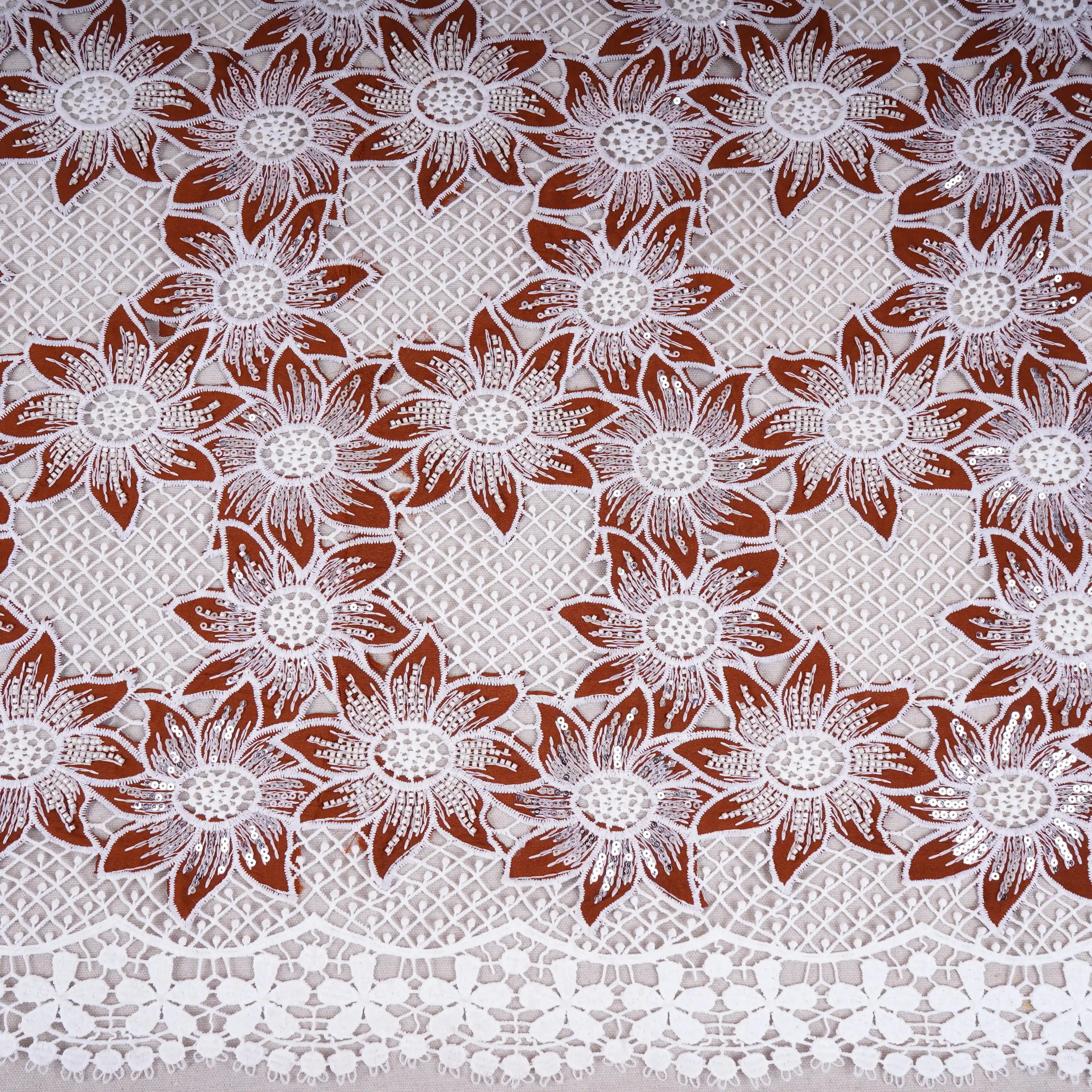 Brown Cutdana Floral Schiffli Embroidery Crepe Fabric DVT-30572 - Image 2