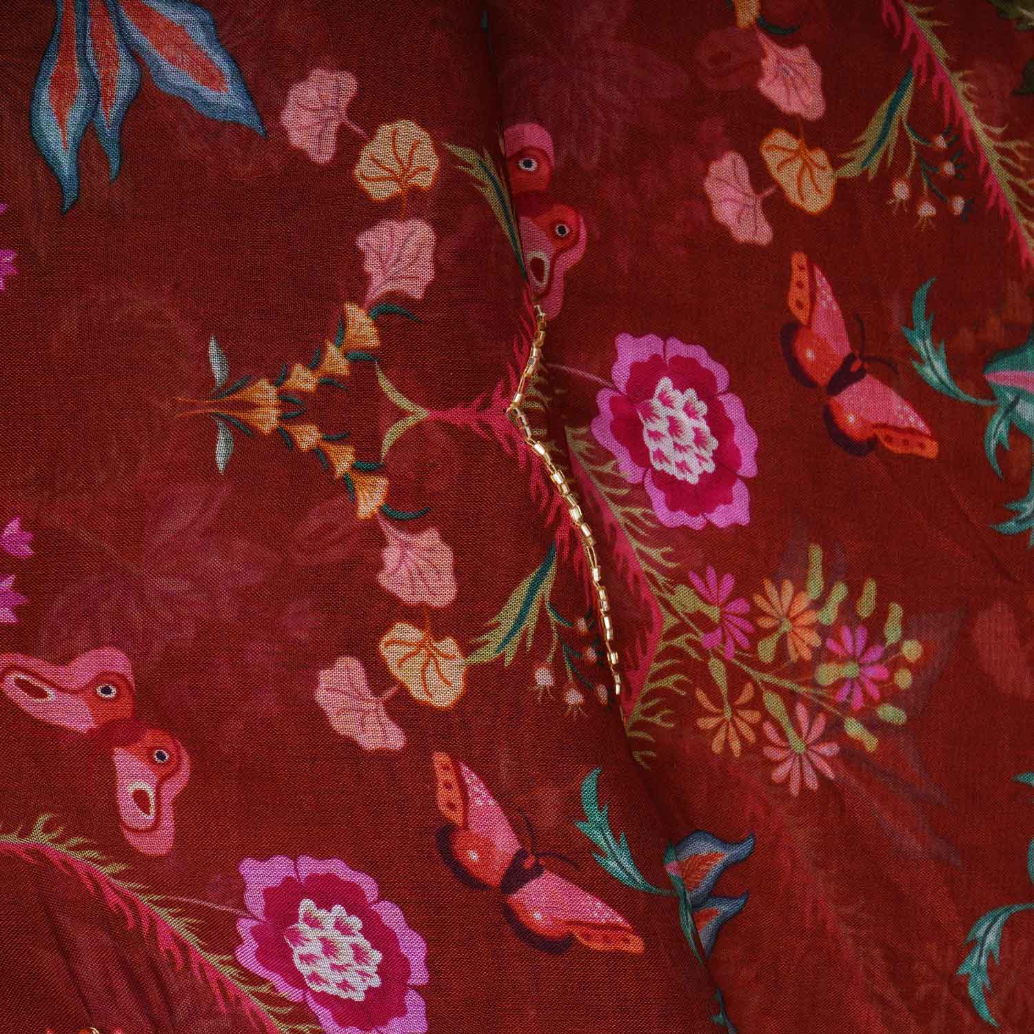 Brown Cutdana Hand Work Floral Print Organza Fabric MT-28293 - Image 3