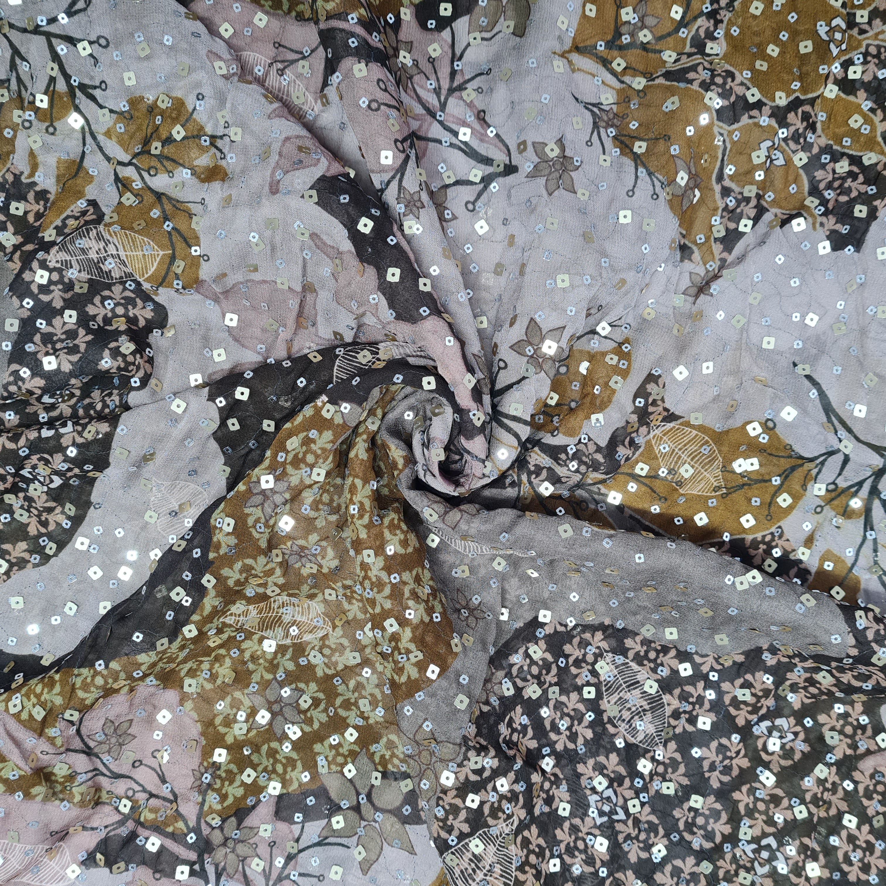 Brown Floral Digital Print & Sequins Georgette Fabric