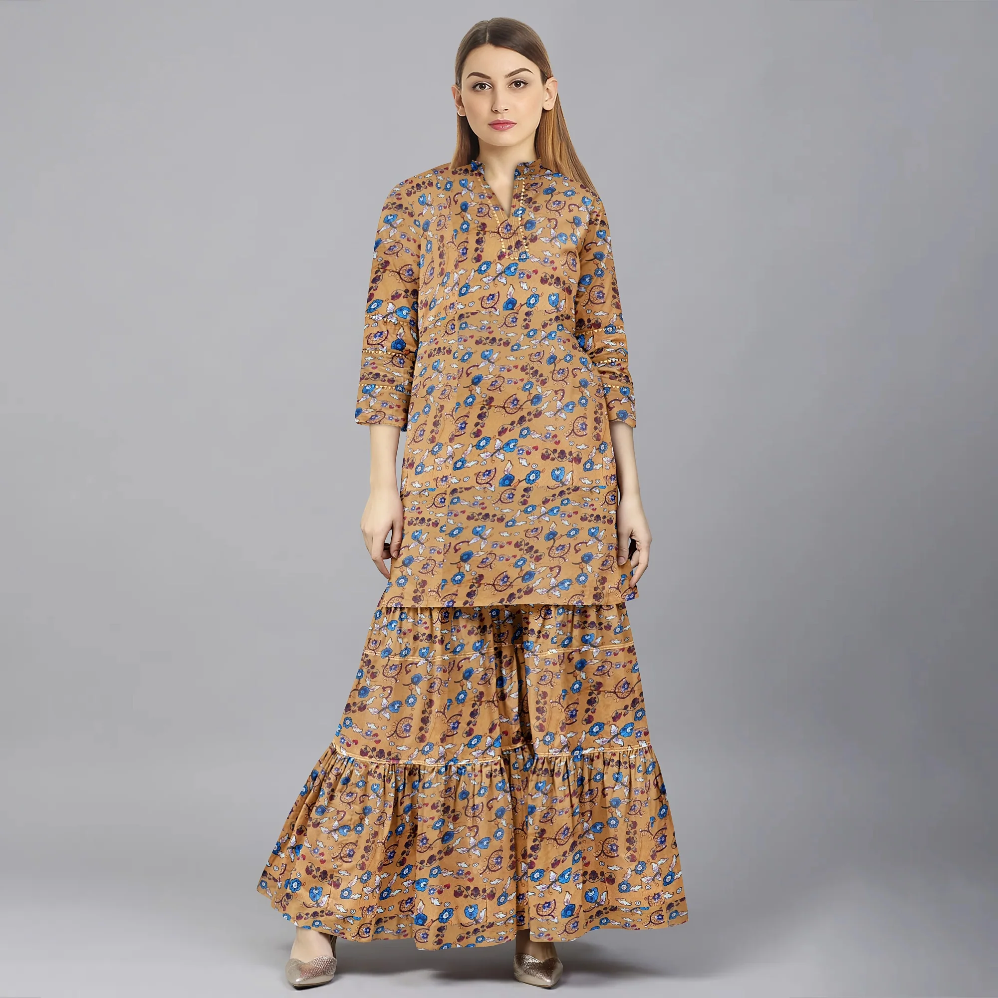 Brown Floral Madhubani Print Rayon Dobby Fabric - Image 3