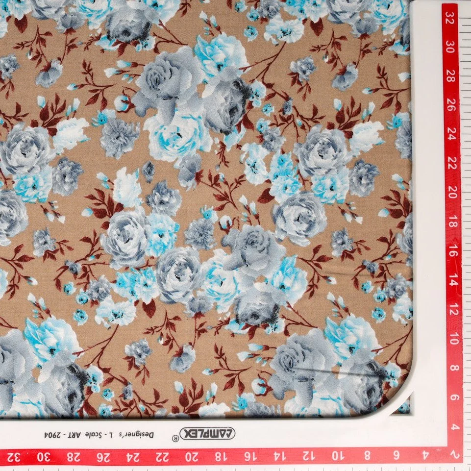 Brown & Sky-Blue Floral Print Rayon Fabric - Image 3
