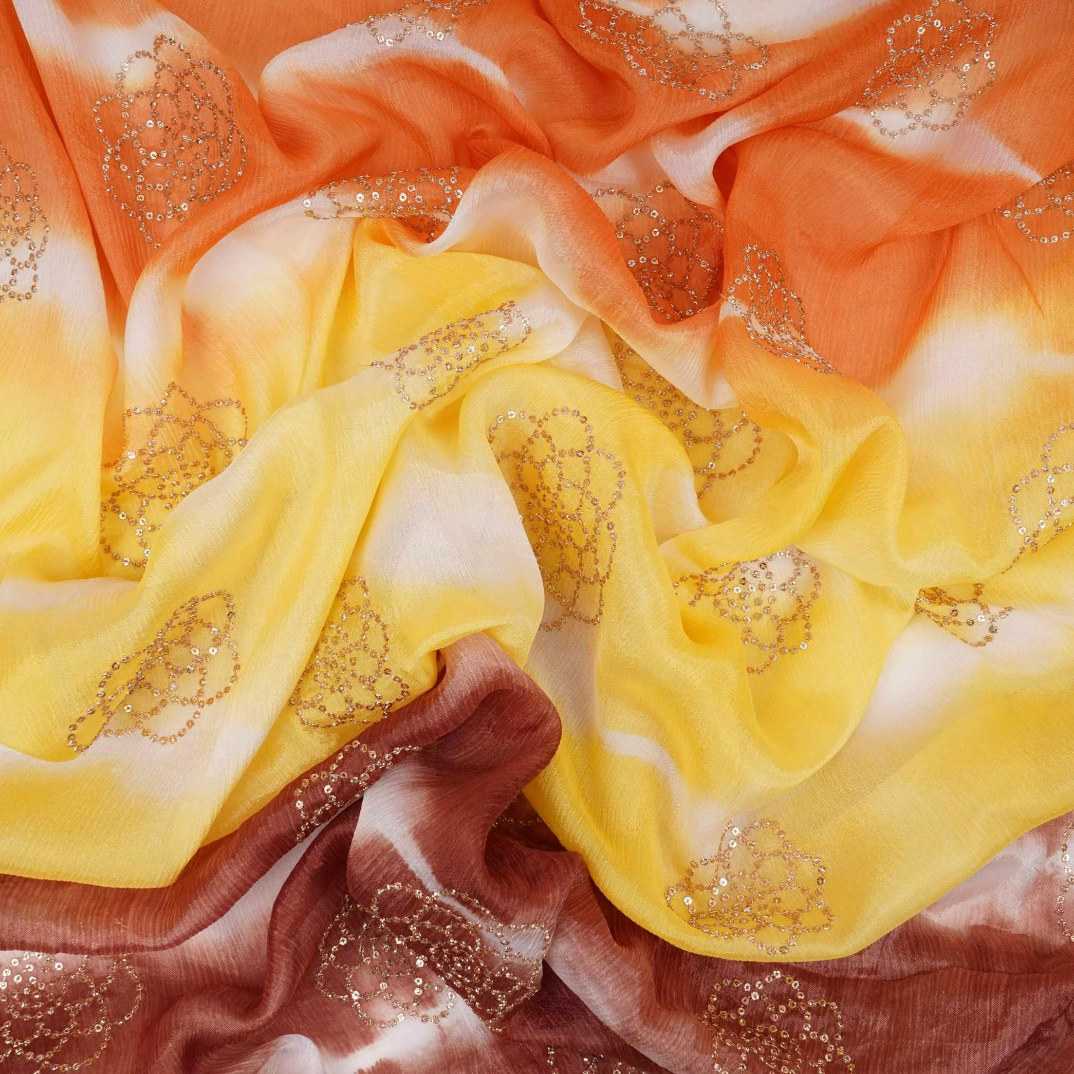 Brown with Mustard Sequins embroidery Shibori Chinon Fabric VF-32277 - Image 3