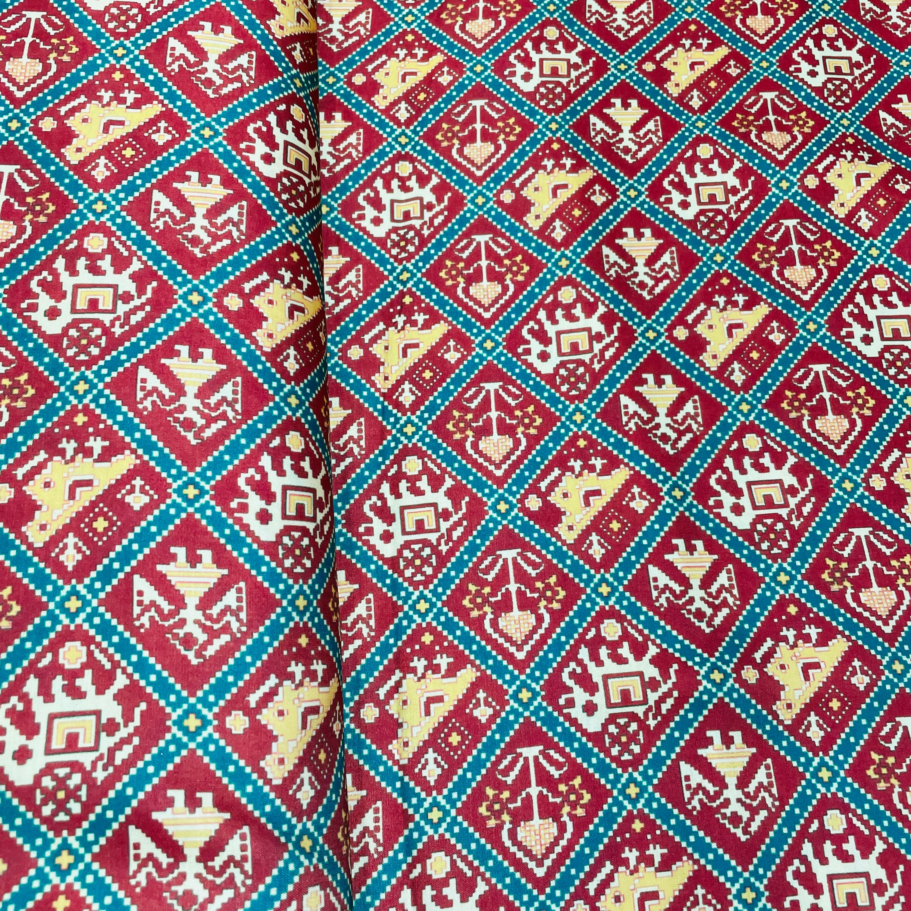 Brown Yellow Traditional Print Modal Satin Fabric - Image 3