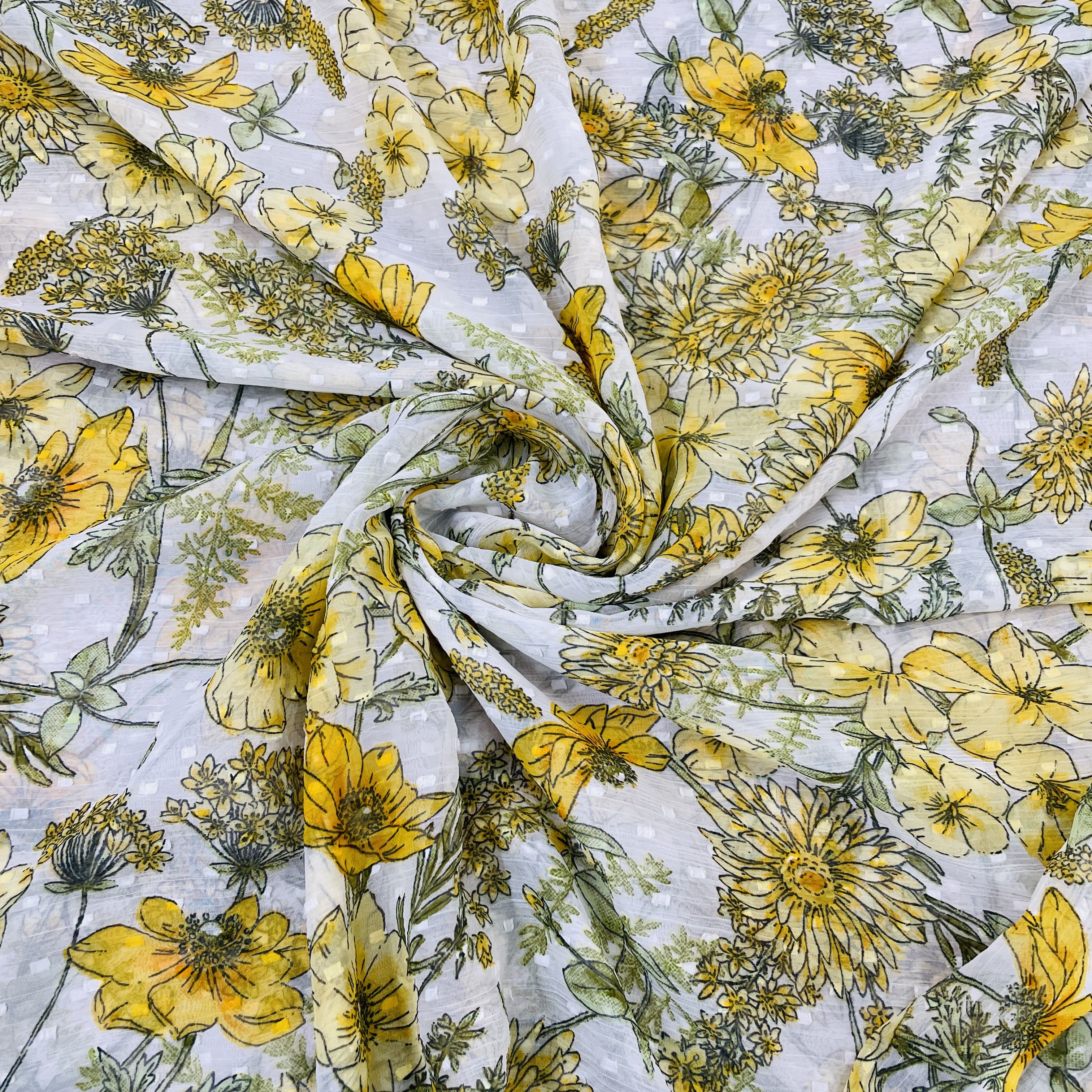 Premium White & Yellow Floral Dobby Print Chiffon Fabric SSF-13473