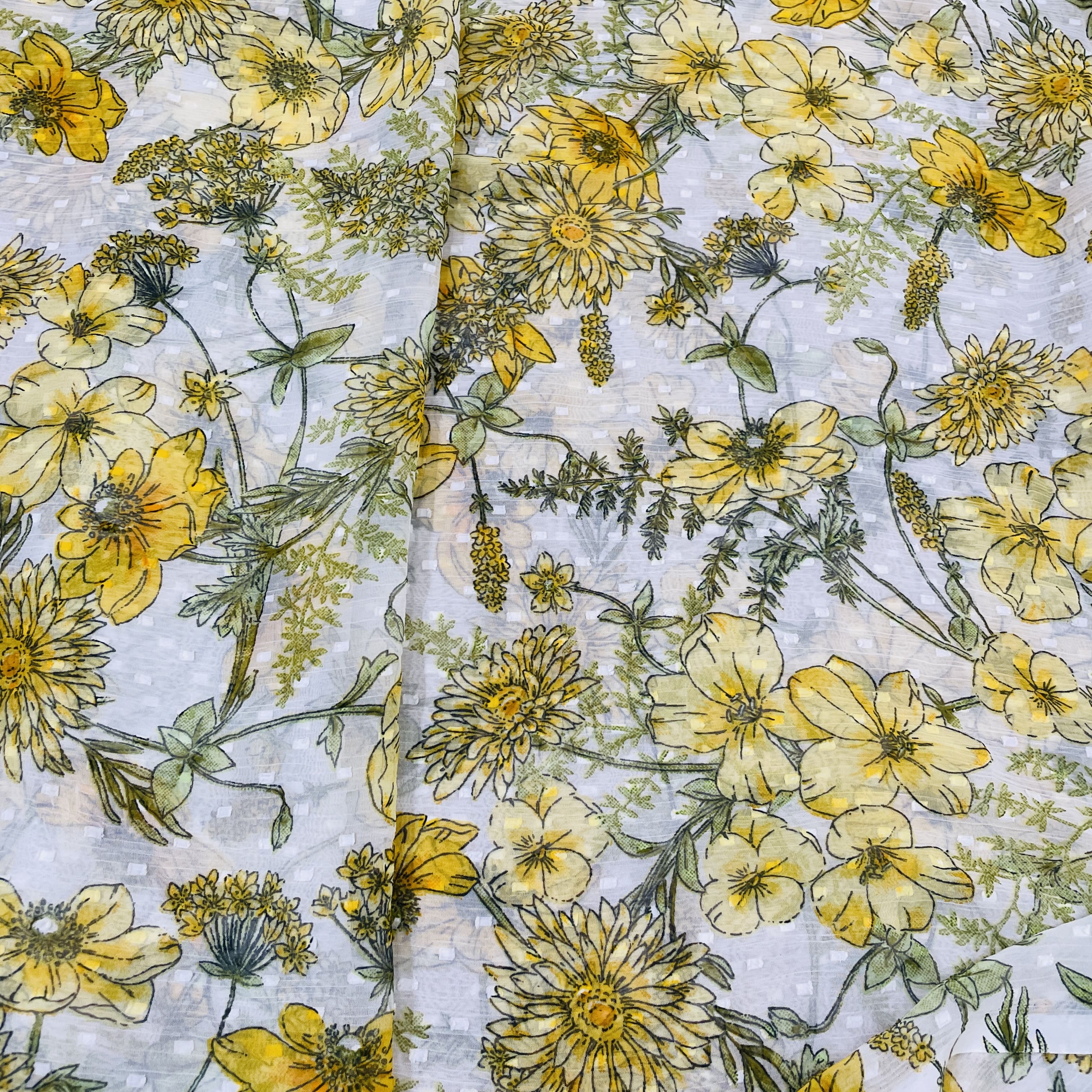 Premium White & Yellow Floral Dobby Print Chiffon Fabric SSF-13473 - Image 3