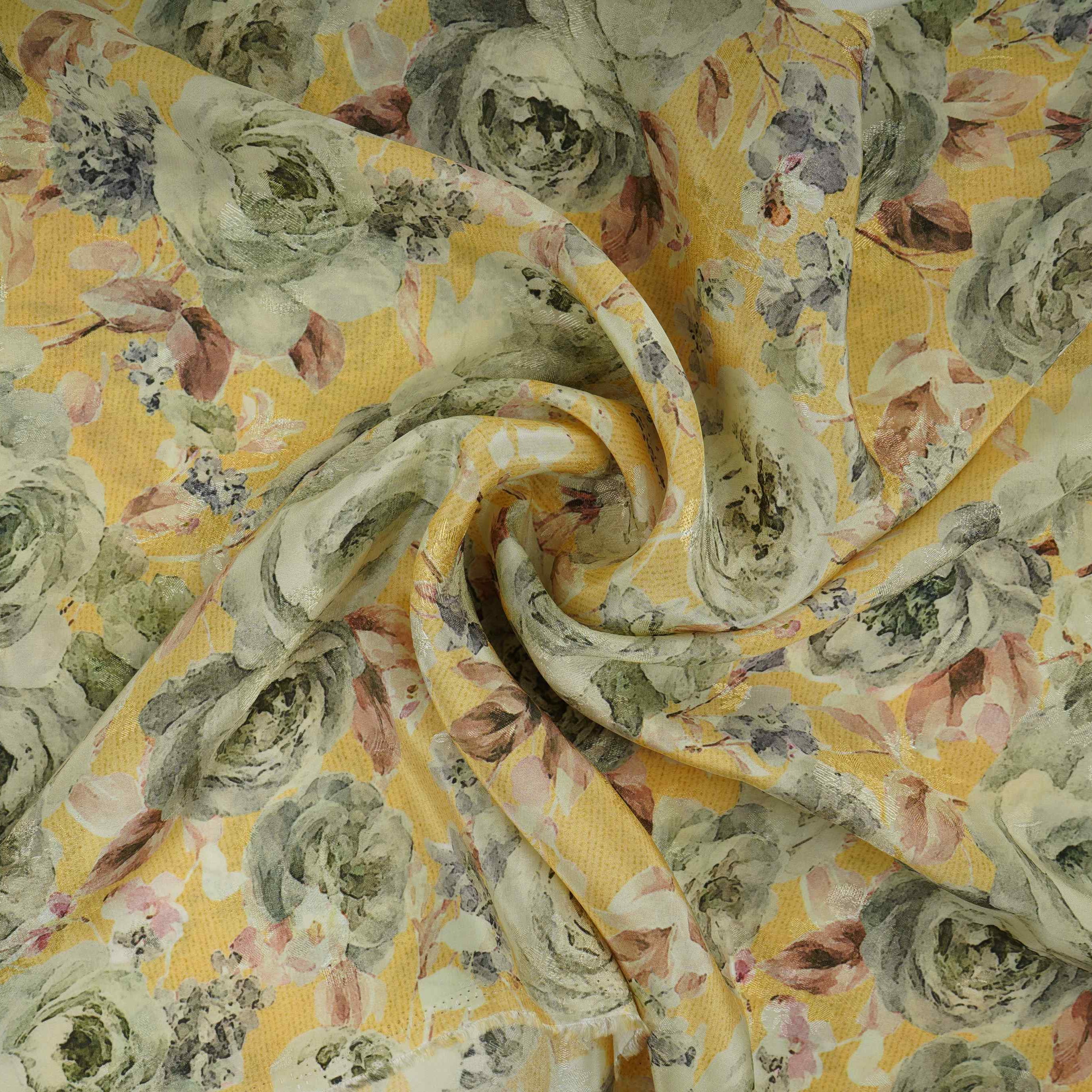 Butter Yellow floral Jacquard print Pure Crepe Fabric MTF-31477 - Image 3