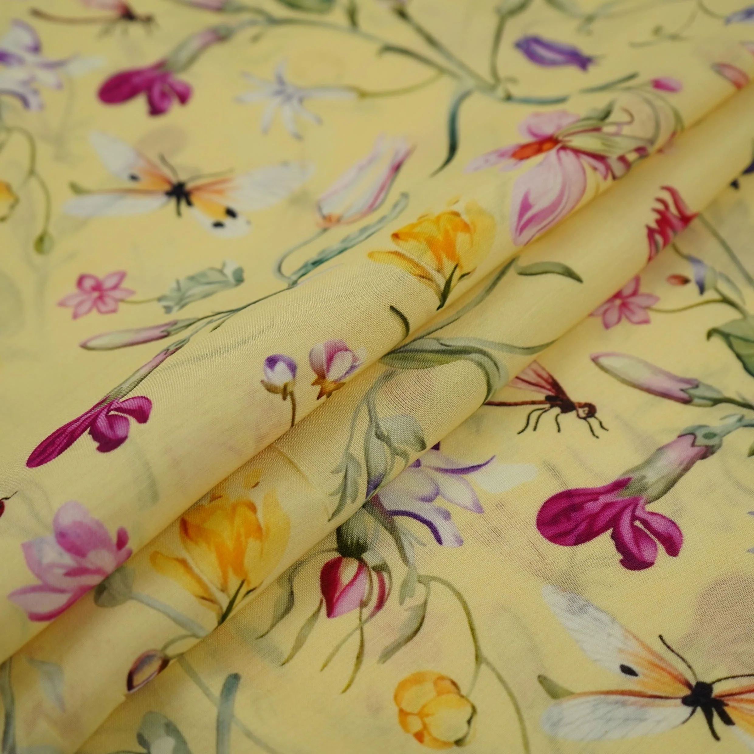 Butter Yellow floral print Muslin Fabric VF-31375 - Image 4