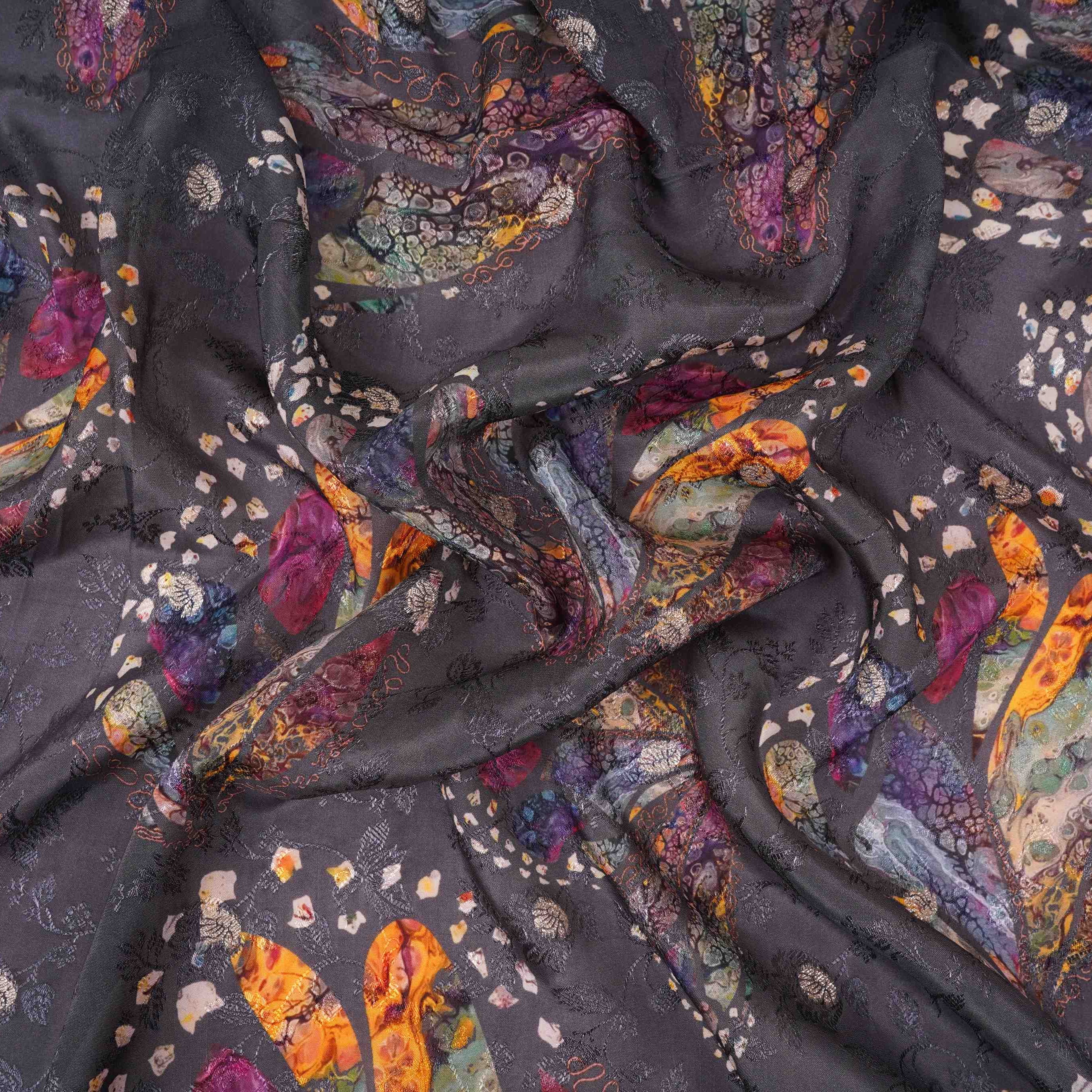 Charcoal Black Abstract zari jacquard Pure Bemberg Crepe Fabric MTF-31803 - Image 2