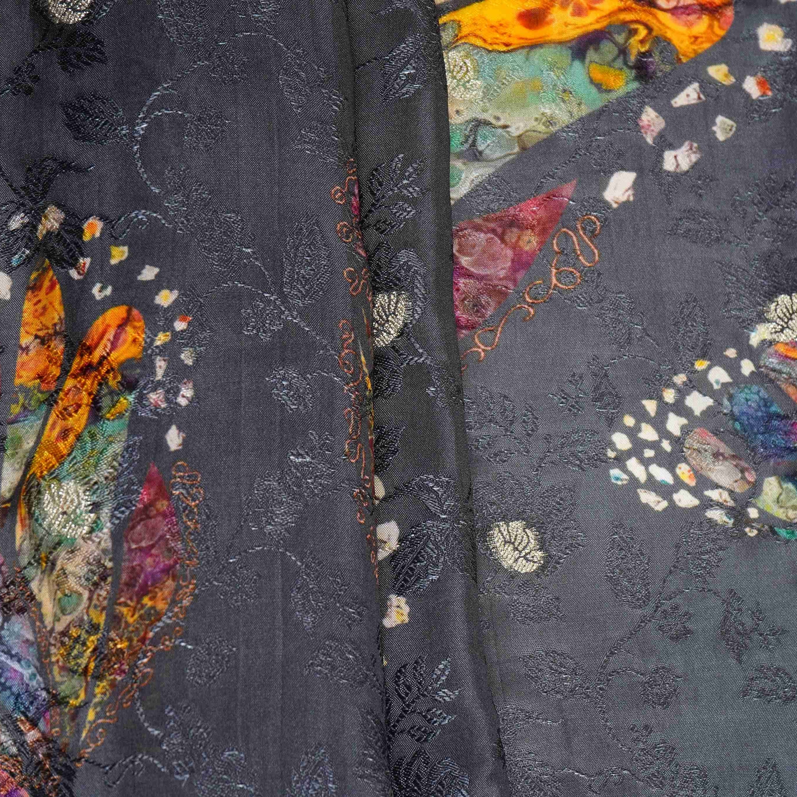Charcoal Grey floral Jari Jacquard Pure Bemberg Crepe Fabric MTFG-31094 - Image 4