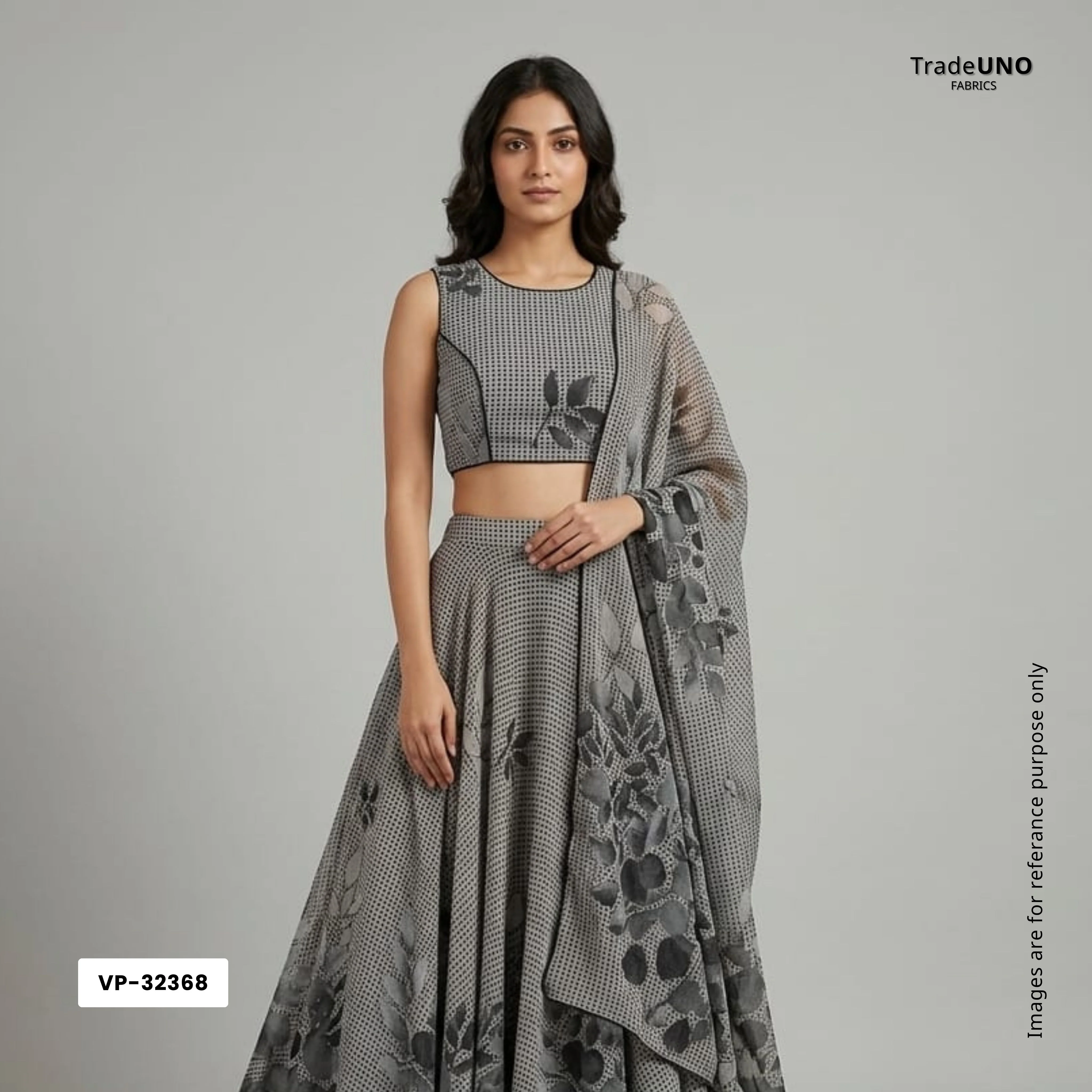 Charcol Grey & Black Floral Print Georgette Fabric VP-32368 - Image 8