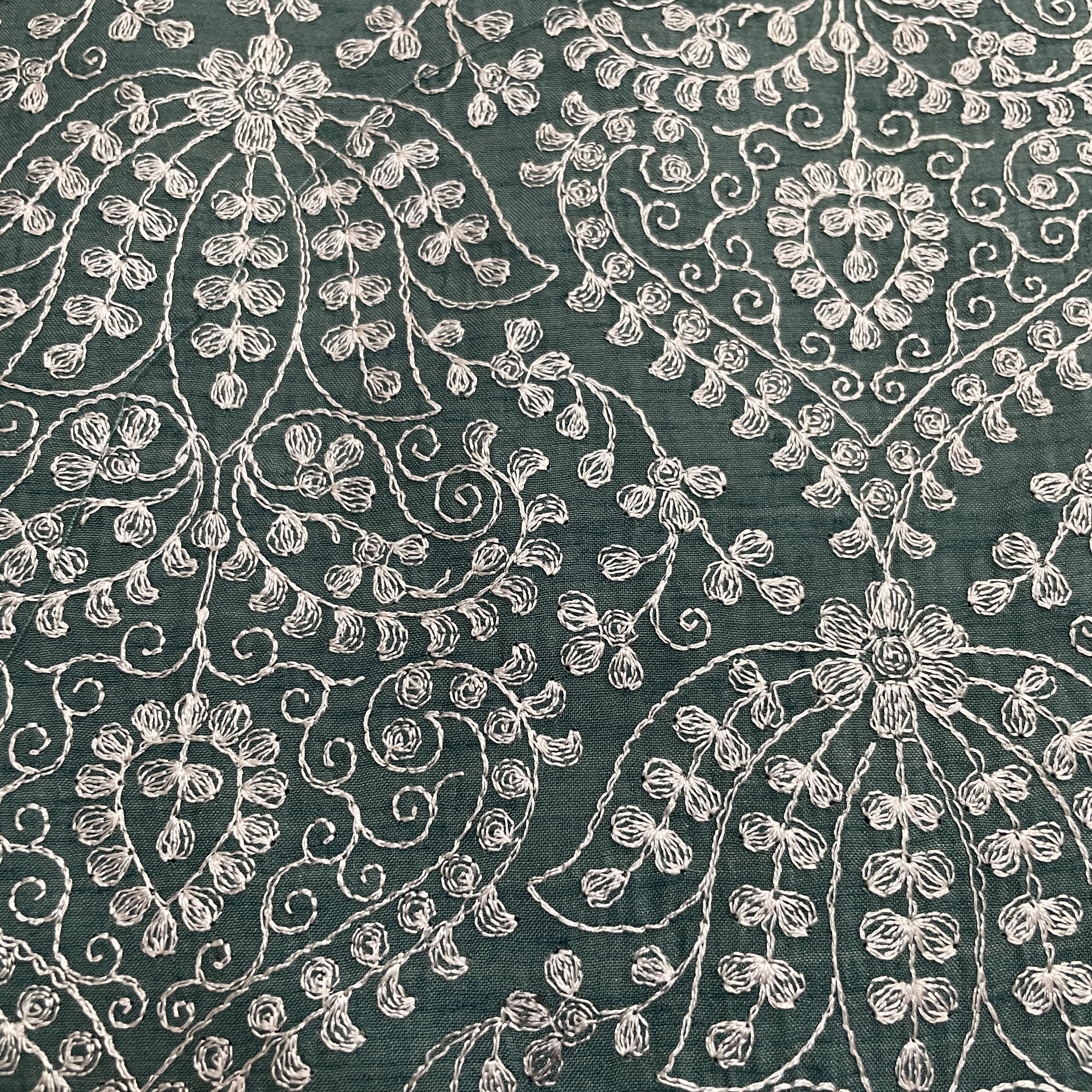 Classic Dark Sage Green Floral Thread Embroidery Bemberg Silk Fabric SS-16866 - Image 2