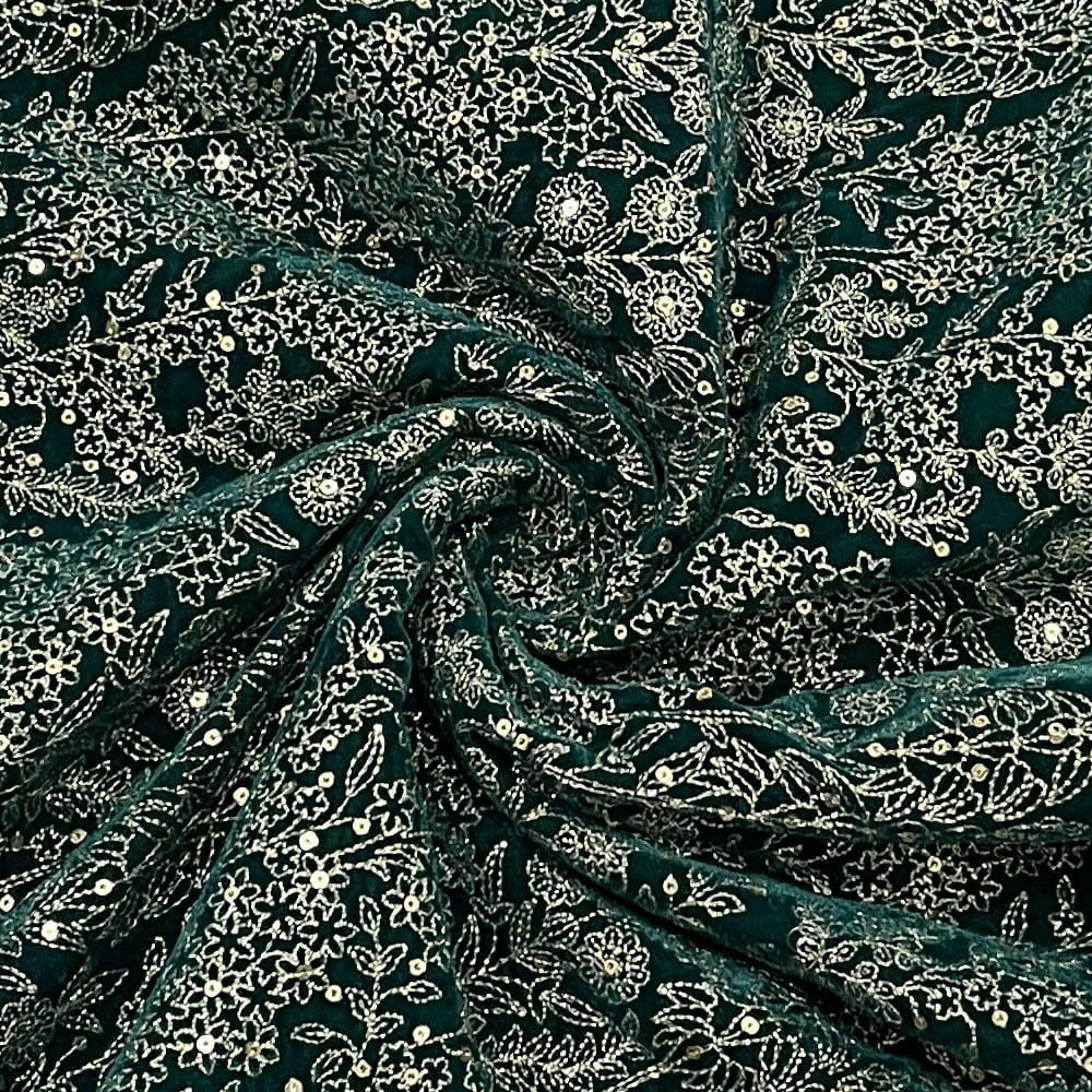 Classic Green Golden Zari Sequins Thread Embroidery Velvet Fabric