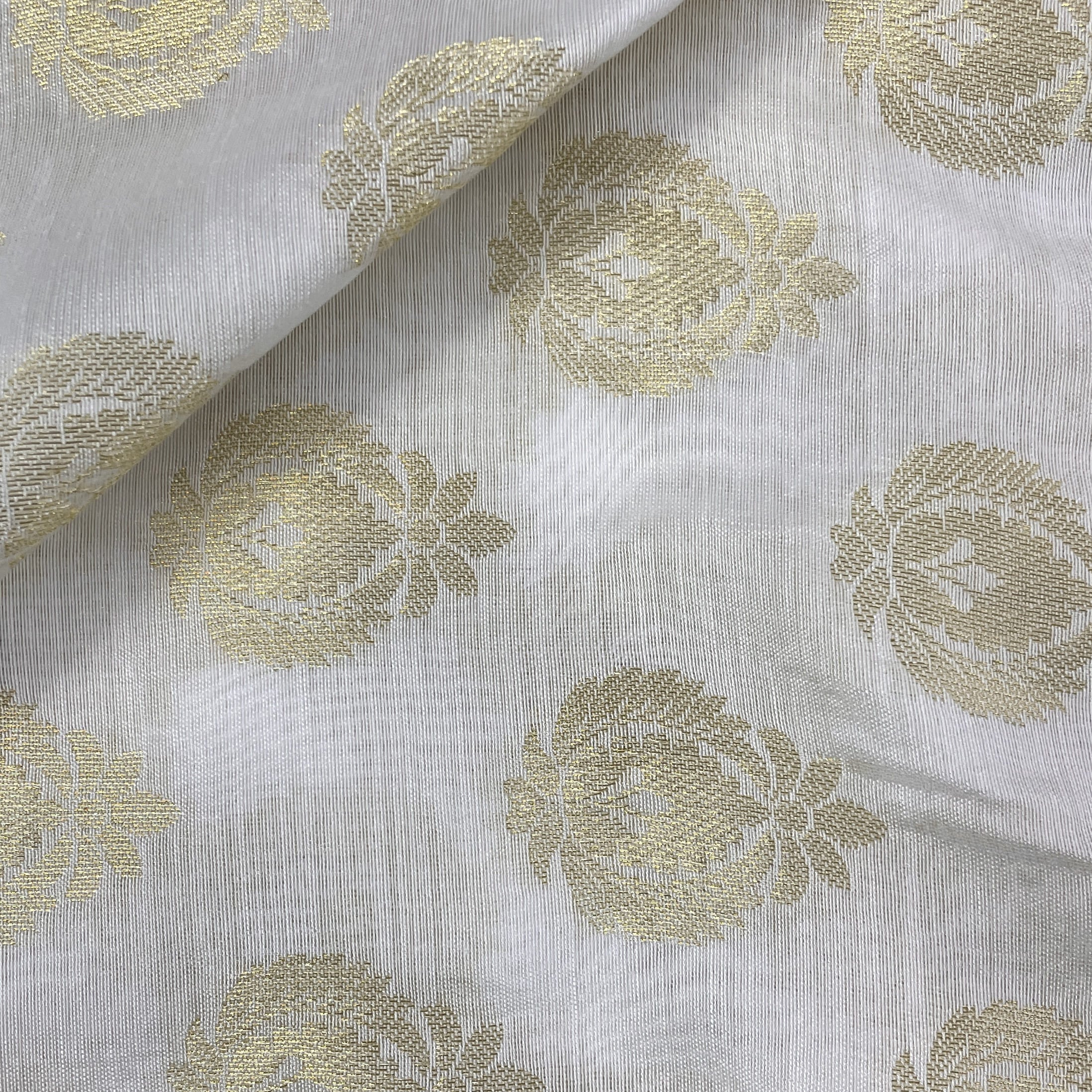 Classic White Gold Traditional Buta Jacquard Dyeable Cotton Staple Fabric - Image 3
