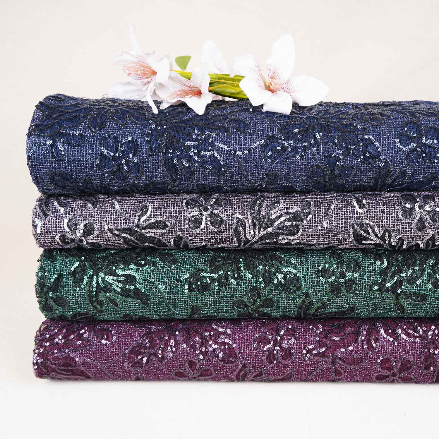 Classic Wine Floral Sequins Embroidery Net Fabric 14232 - Image 5
