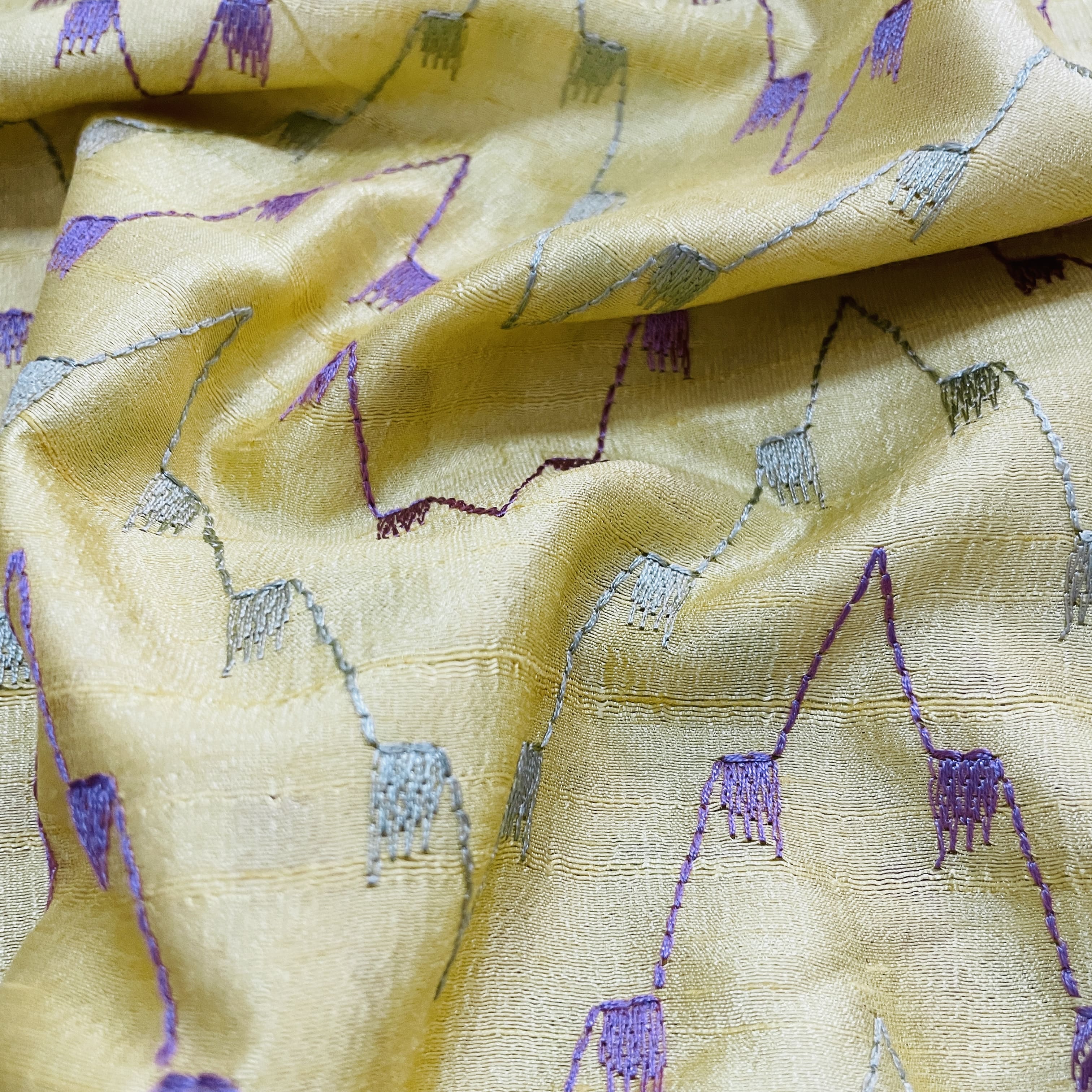 Classic Yellow Abstract Thread Embroidery Bemberg Silk Fabric SS-16874