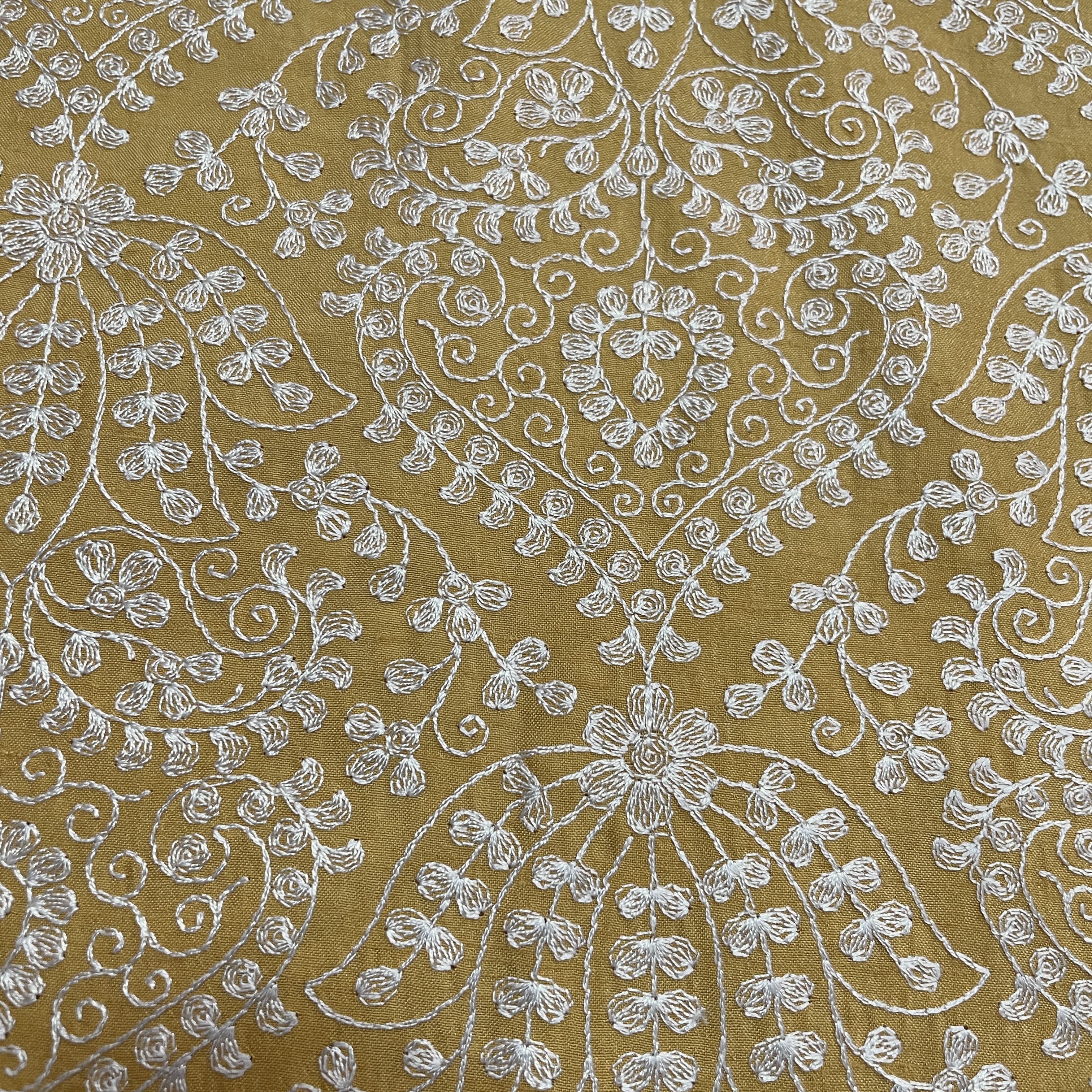 Classic Yellow Floral Thread Embroidery Bemberg Silk Fabric - Image 2