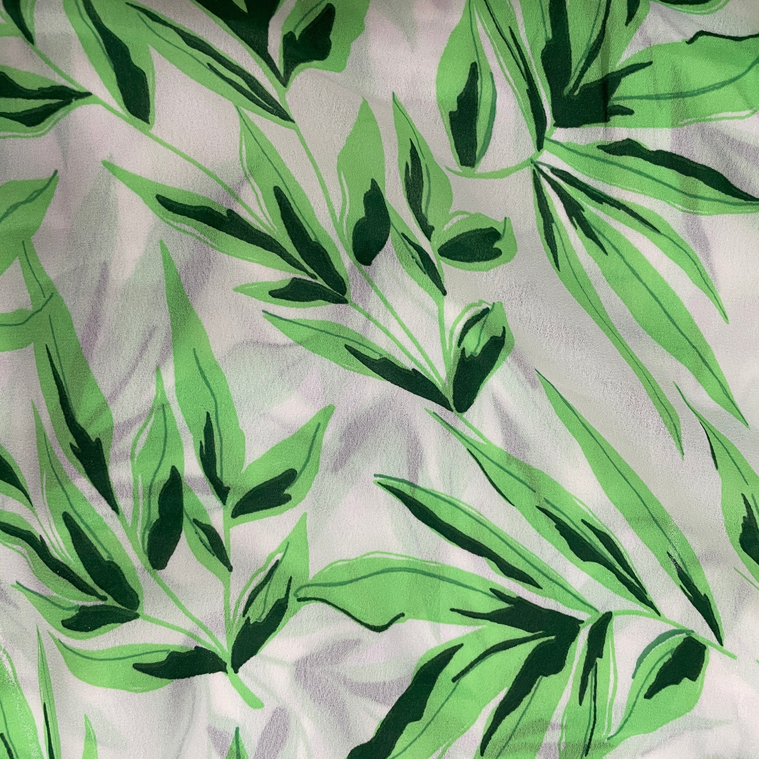 White With Green Floral Georgette Fabric - Image 2
