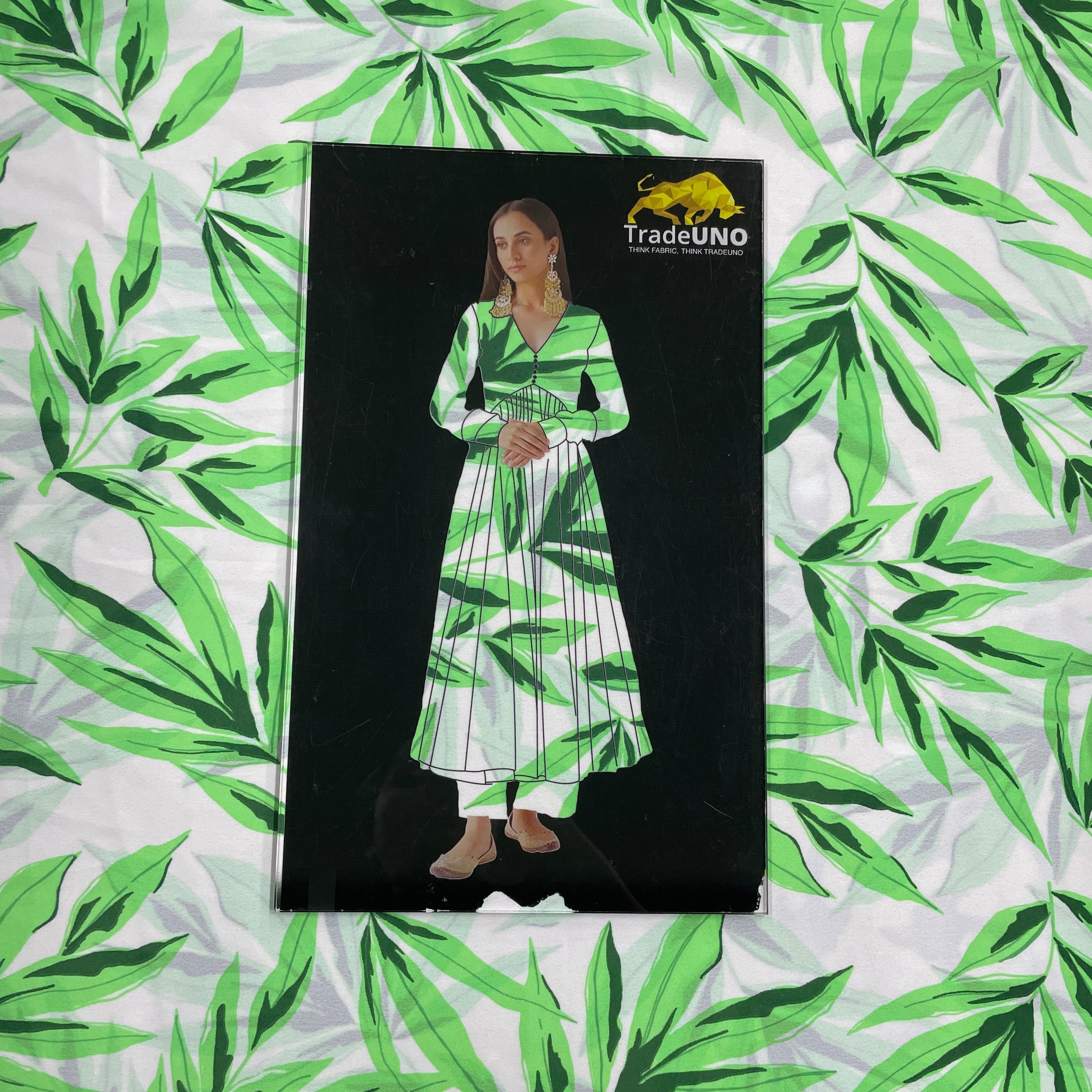 White With Green Floral Georgette Fabric - Image 3