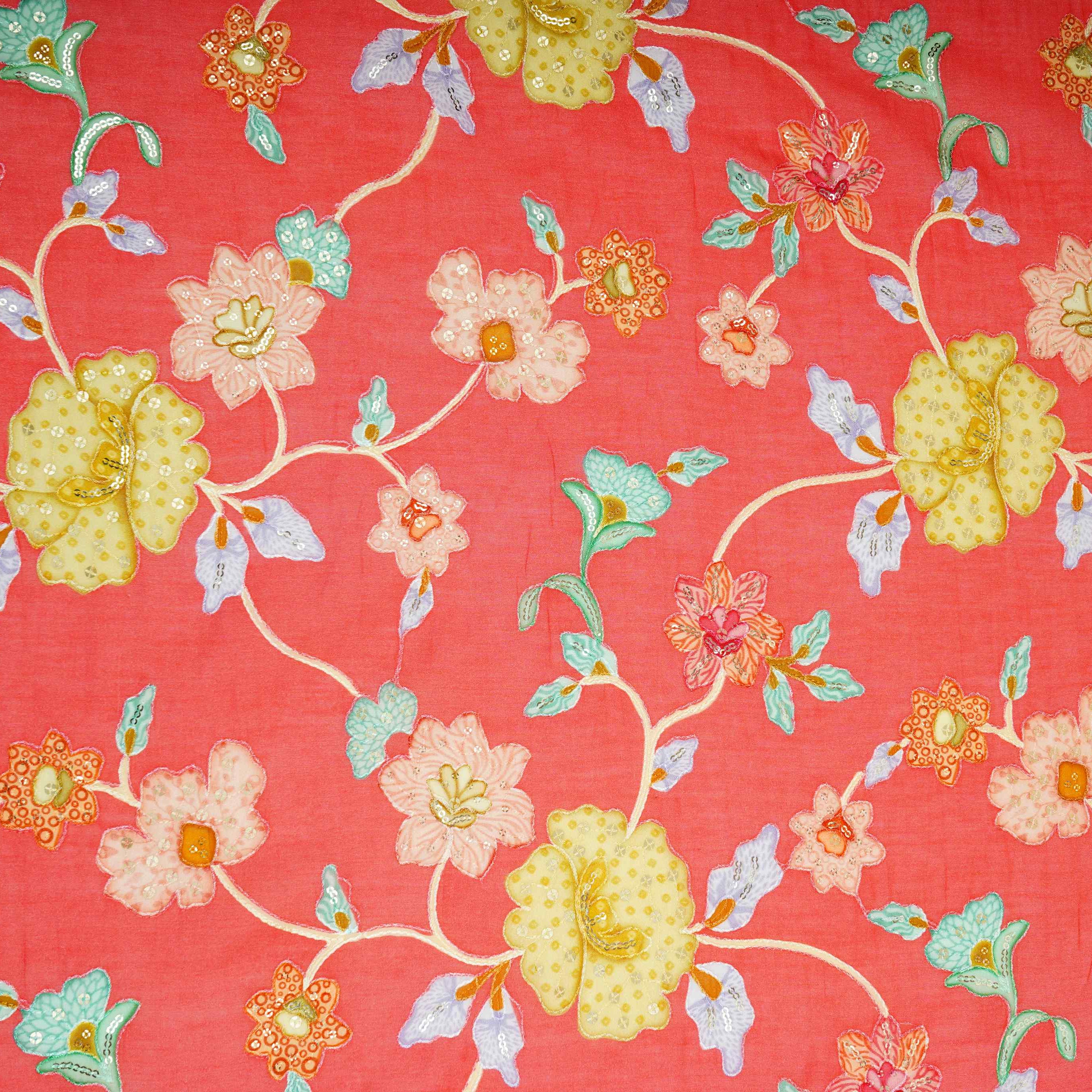 Coral Pink floral embroidery Mul Chanderi Fabric GTS-31132 - Image 3