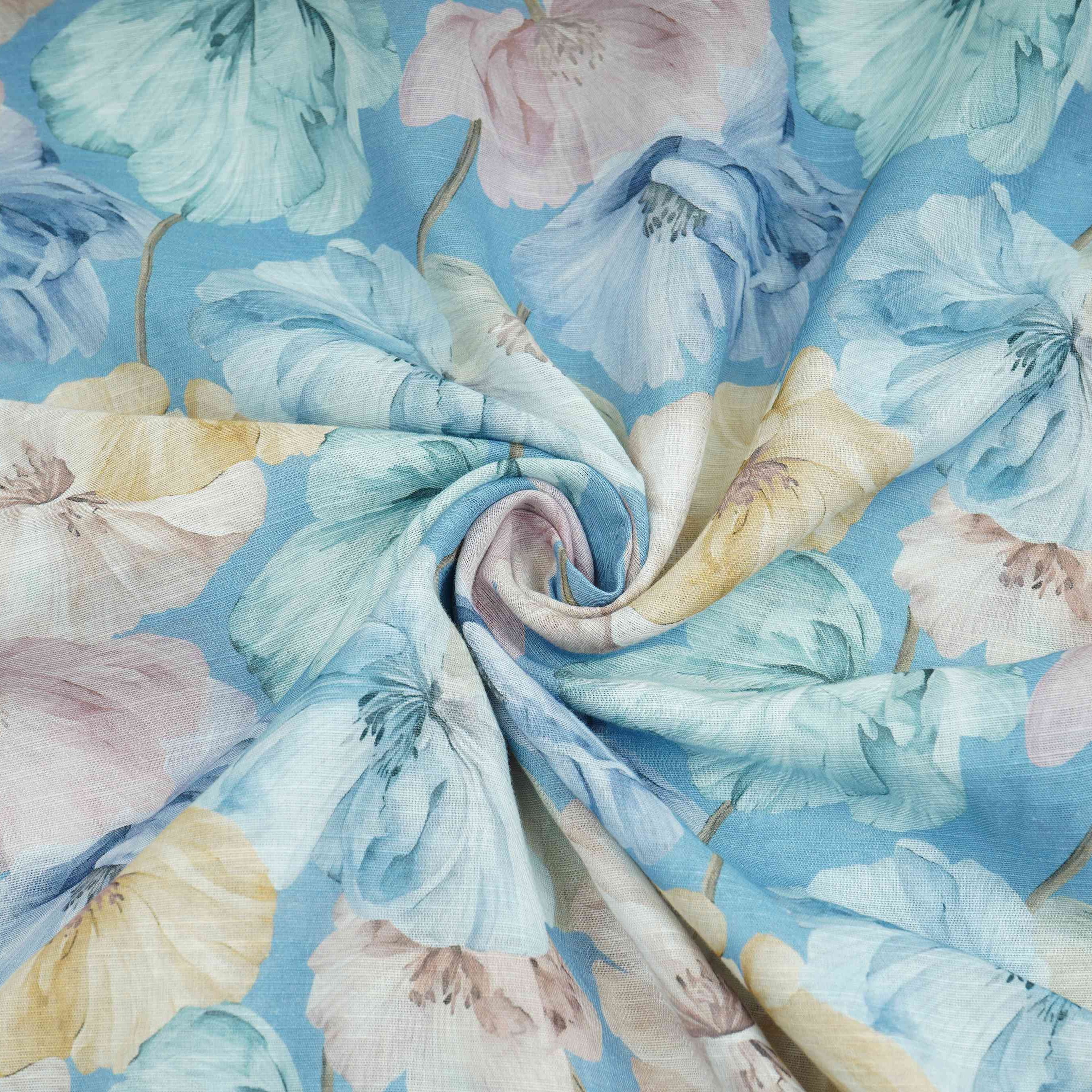 Cornflower Blue Floral Print Cotton Linen Fabric RT-30911 - Image 3