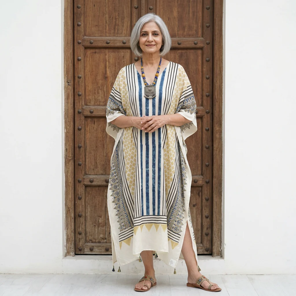 Cream Ajrakh print Modal Silk Kaftan EEG-31618 - Image 7
